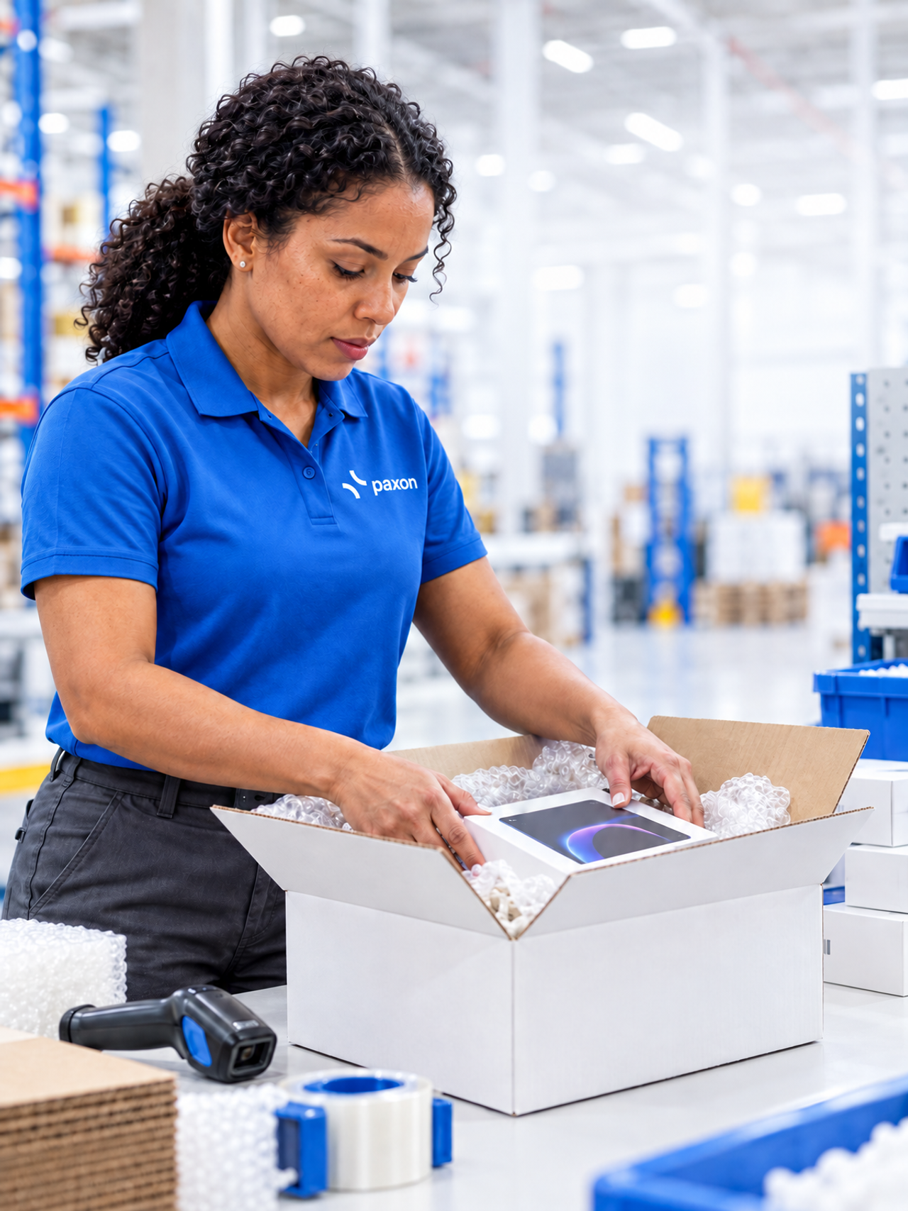 A woman in a blue Paxon shirt packs a tablet into a shipping box with bubble wrap in a warehouse.