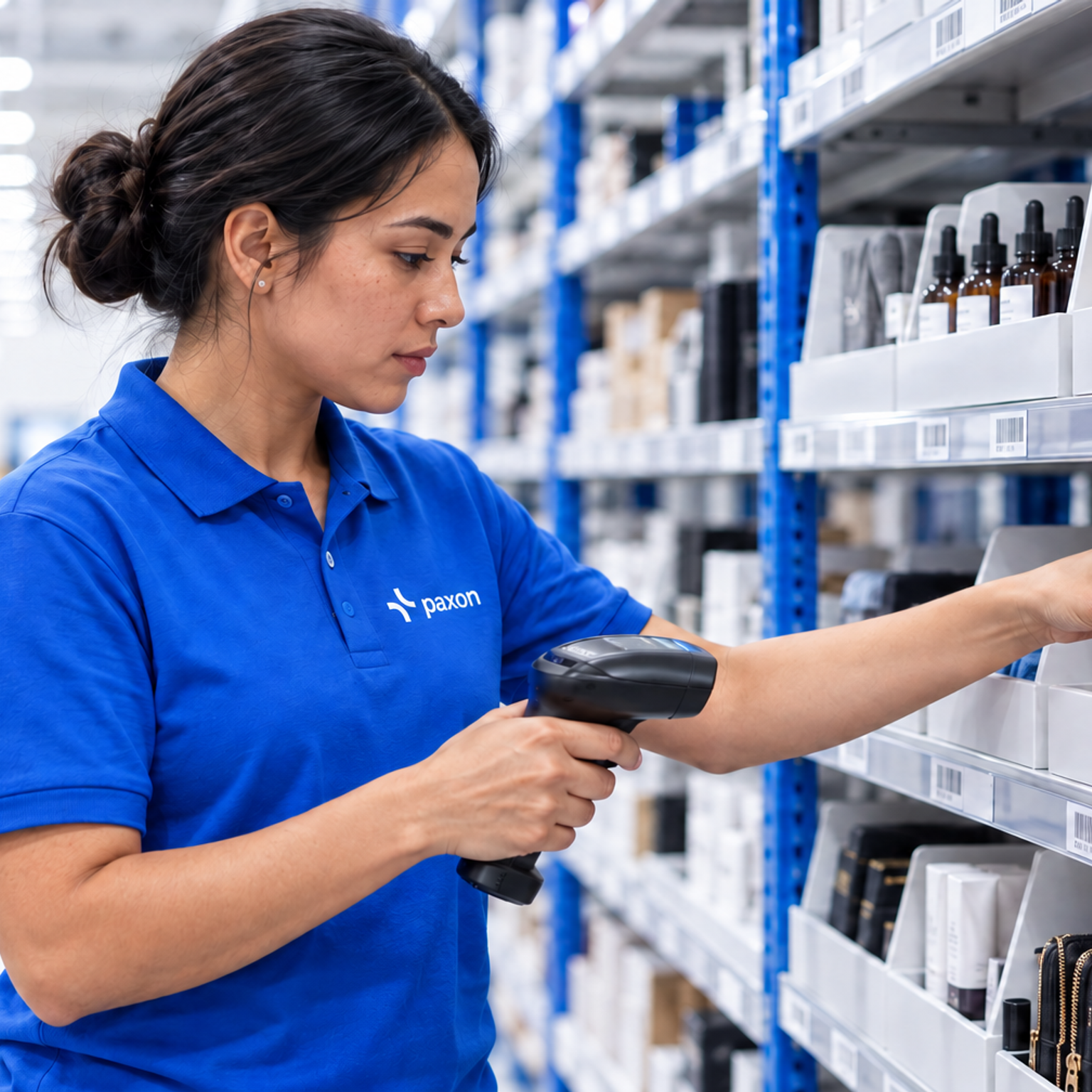 A worker in a blue uniform scanning a product on a warehouse shelf.