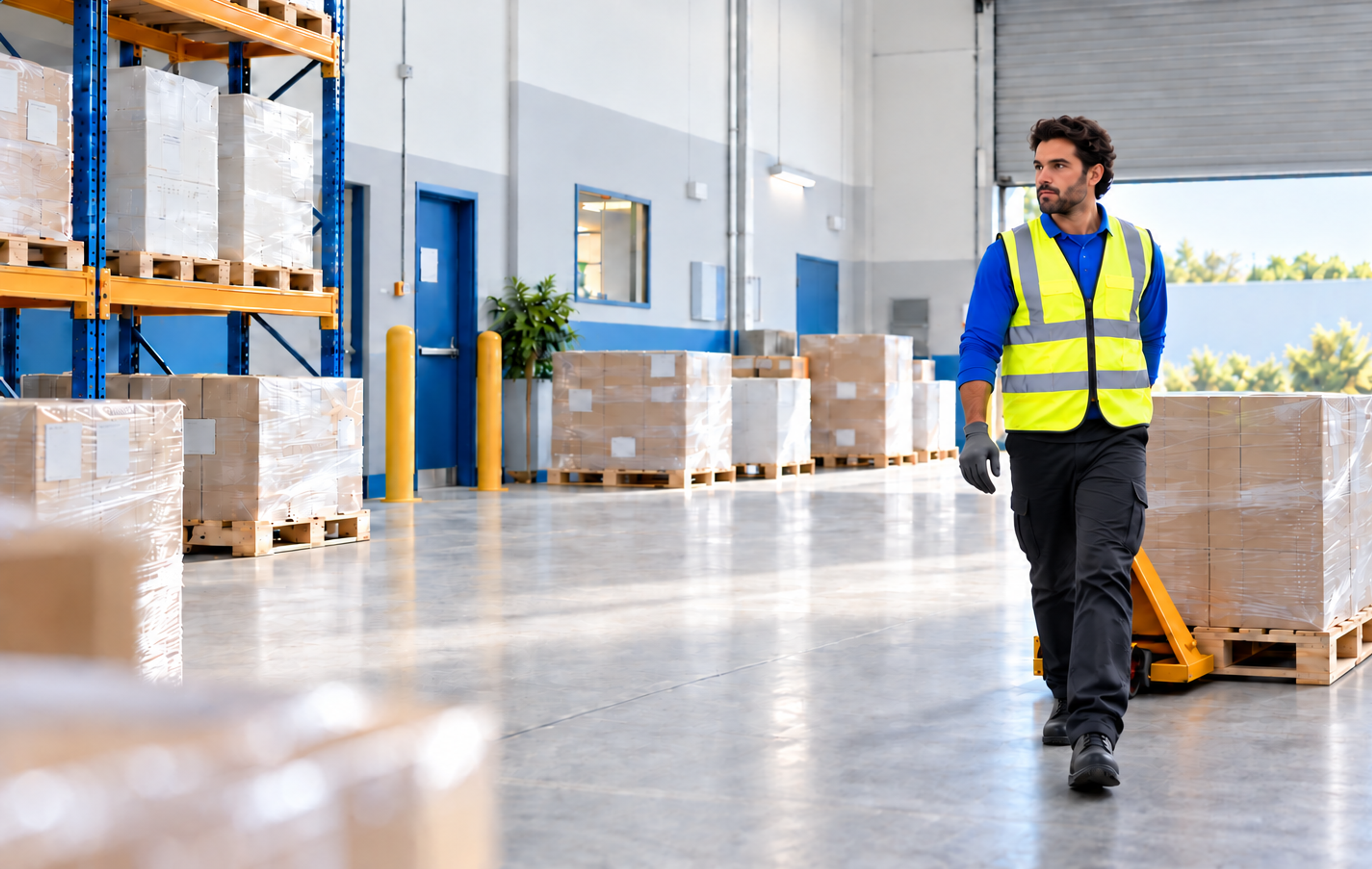 Man in safety vest pulling a pallet jack with boxes in a warehouse.