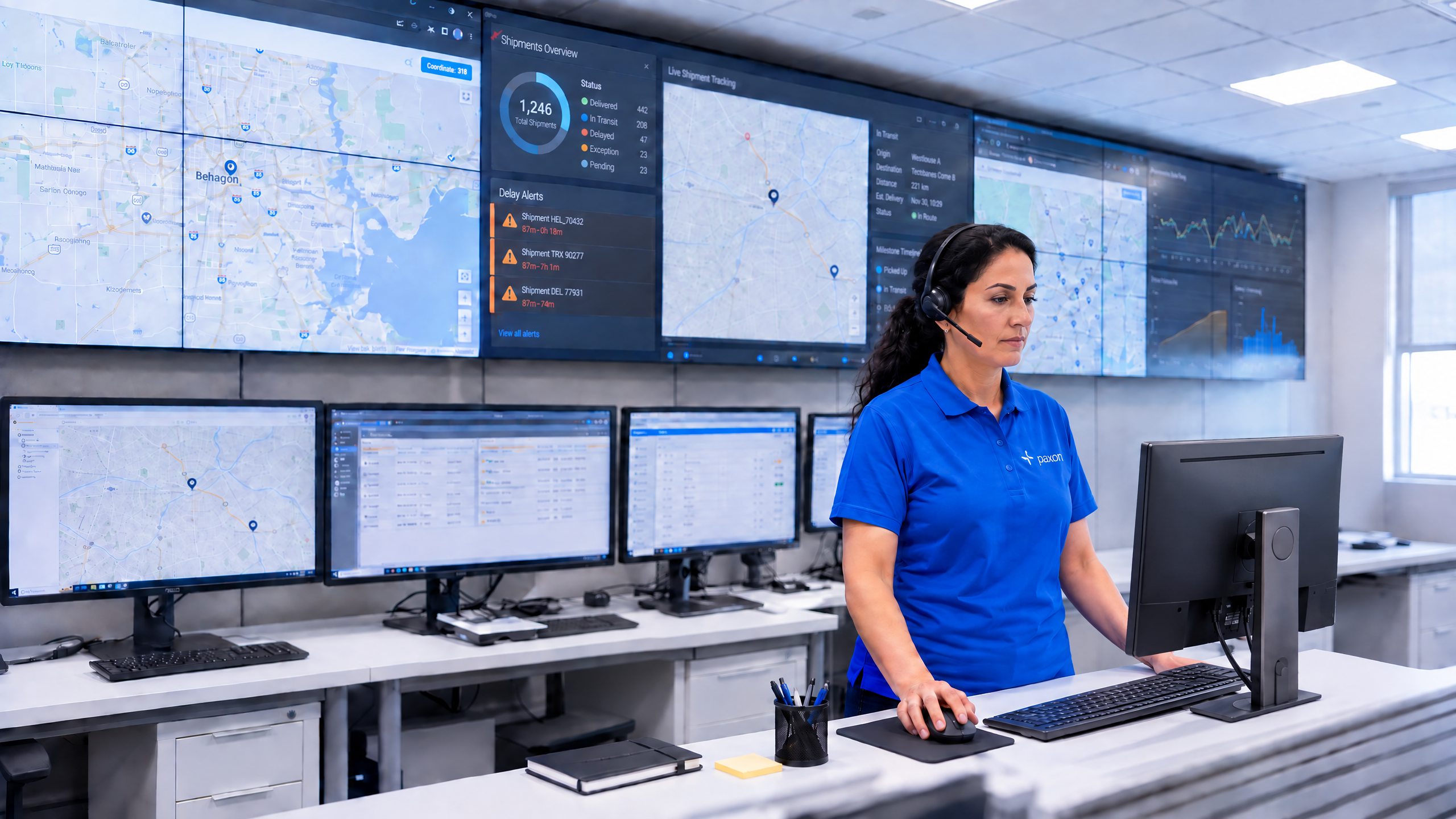 Control room operator in a headset monitors multiple screens showing maps and data.