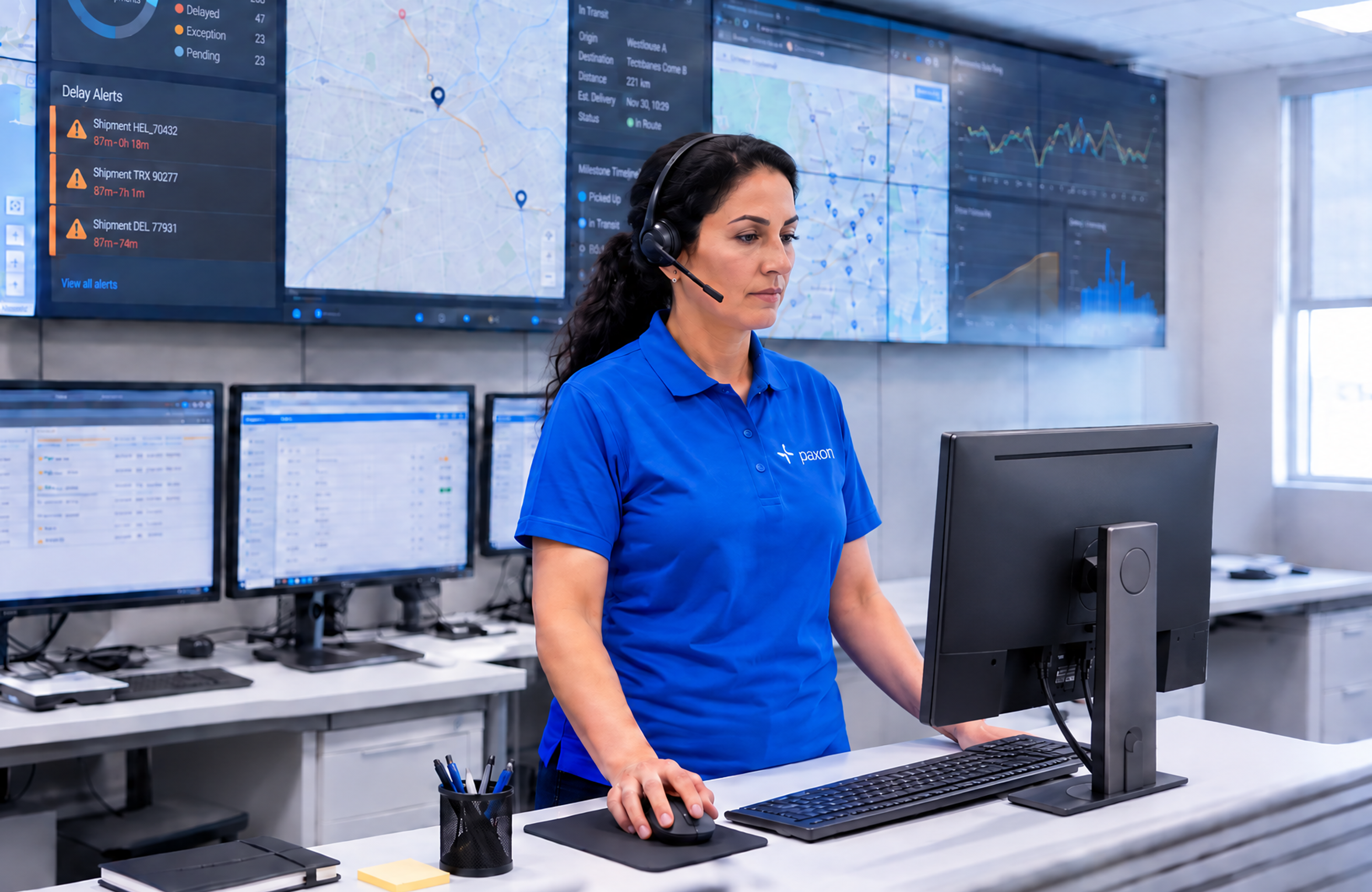 A woman in a blue shirt and headset works at a computer in a control room with multiple data screens.