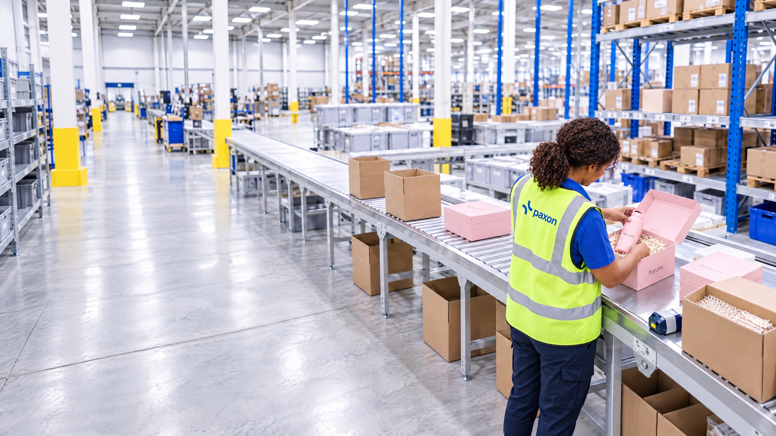 A worker in a Paxon high-visibility vest packs a pink bottle into a pink box on a warehouse conveyor belt.