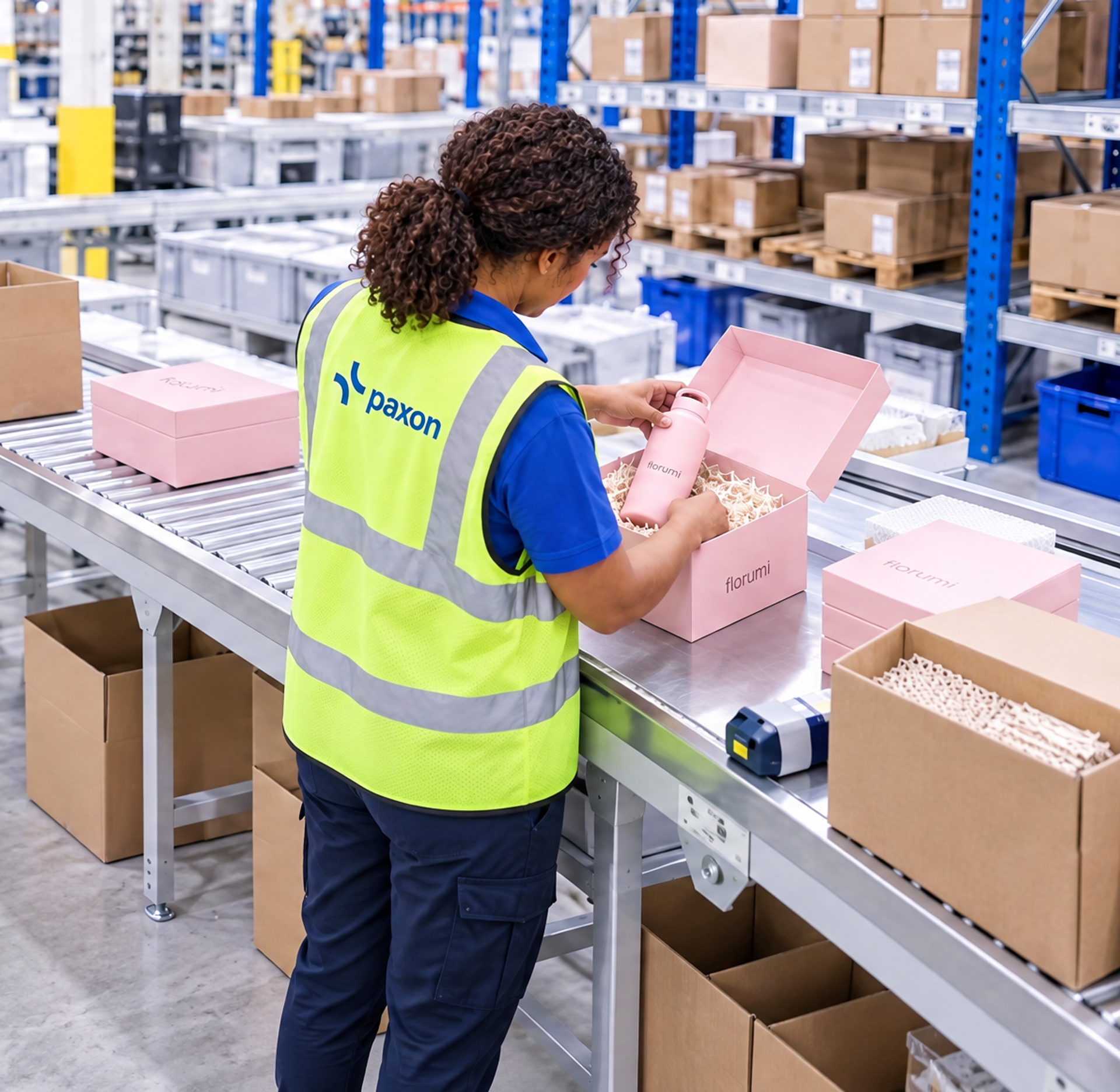 A worker in a Paxon high-visibility vest packs a pink bottle into a pink box on a warehouse conveyor belt.