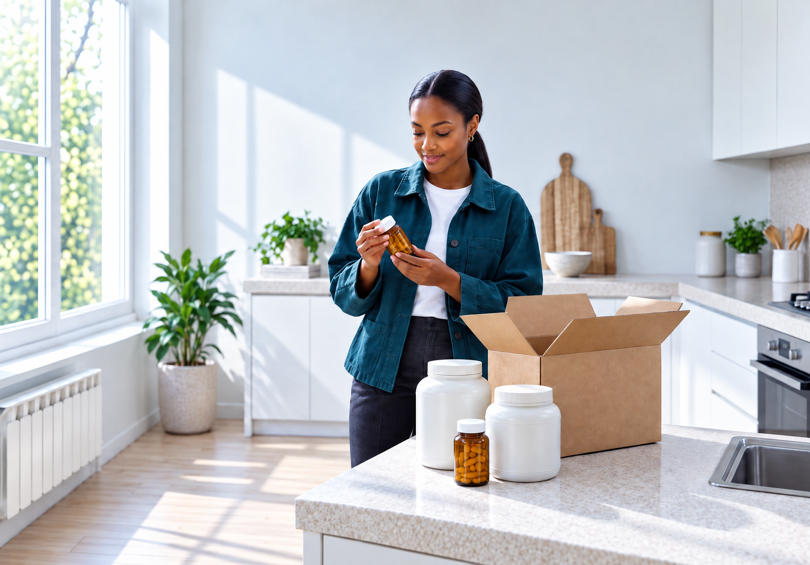 A woman in a bright kitchen unboxes and examines supplement bottles.