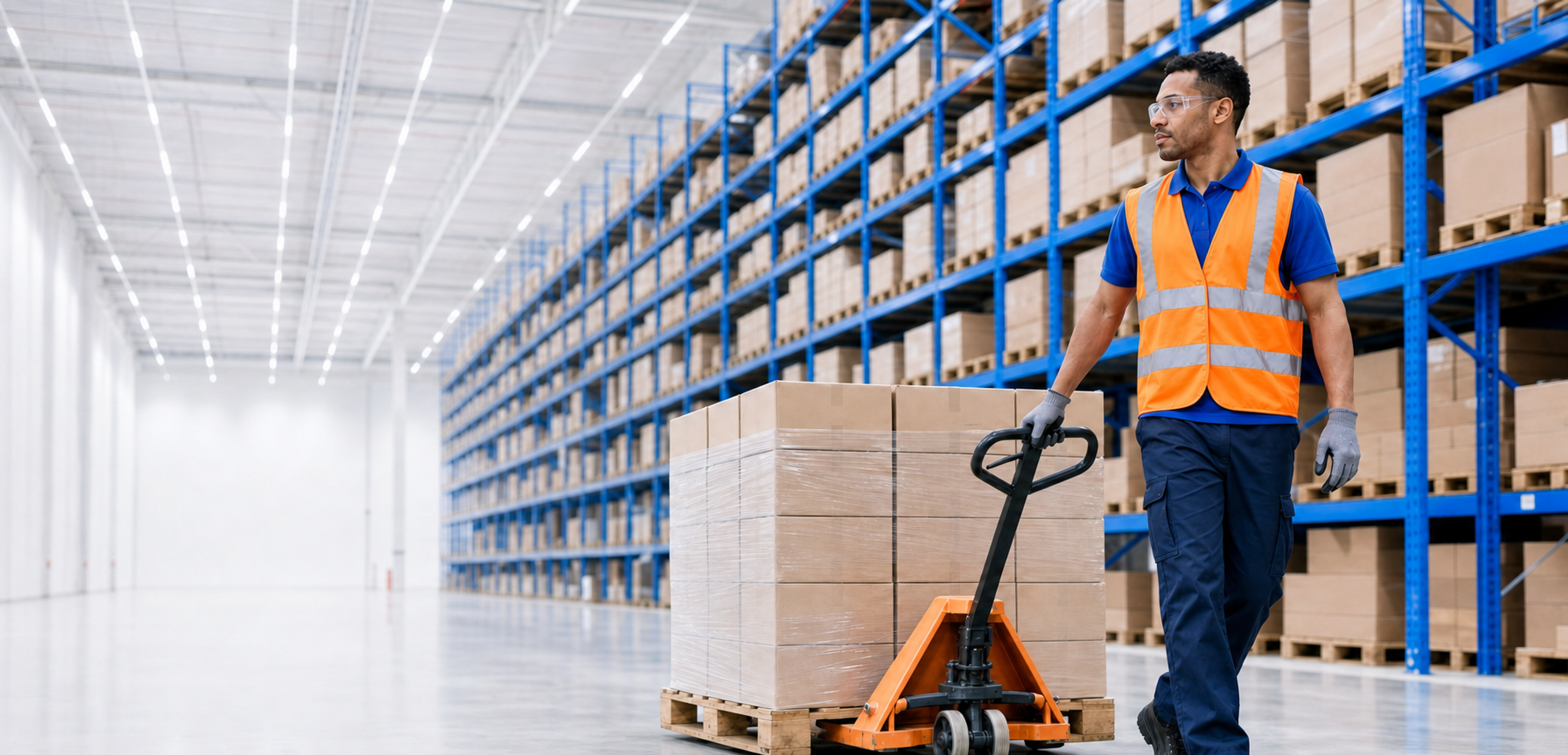 Een medewerker met een geel hesje bedient een elektrische pallettruck van Paxon in een magazijn.