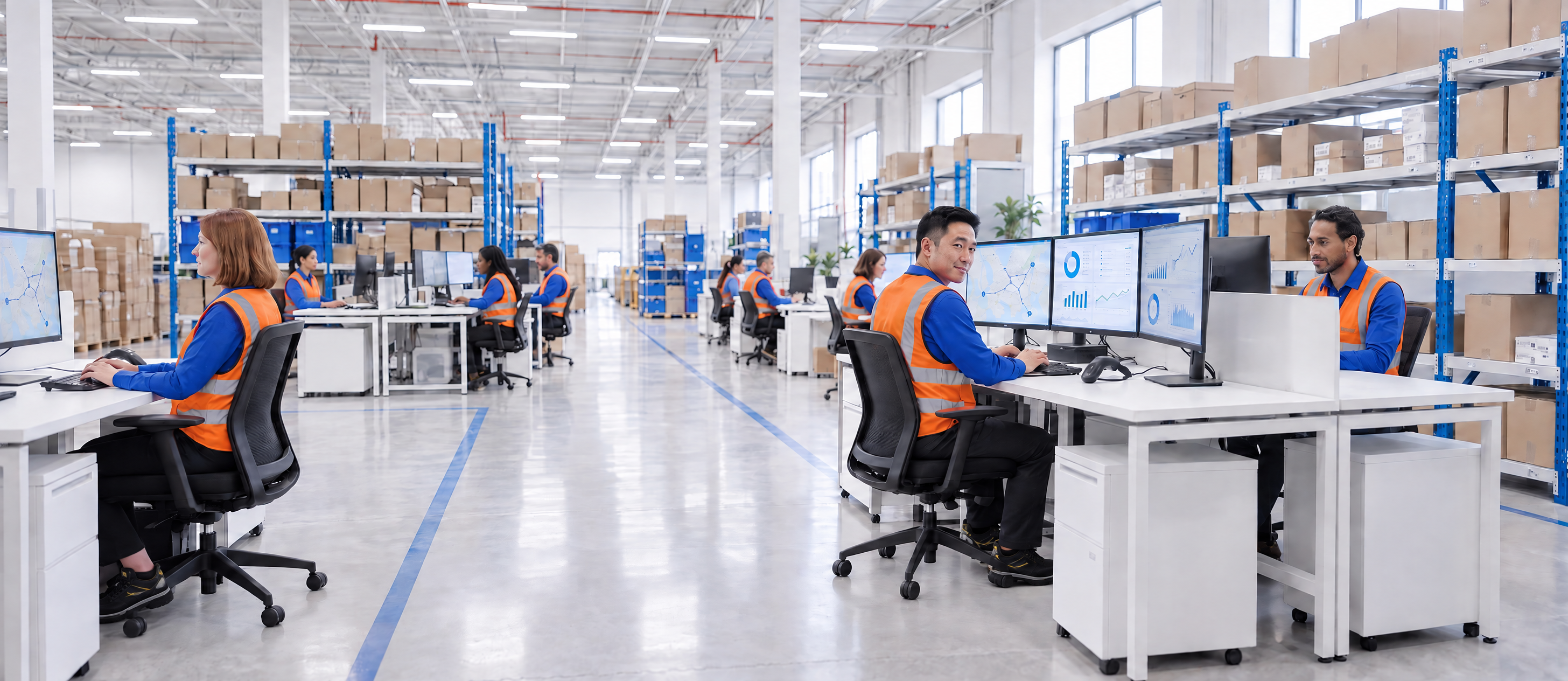 Warehouse worker sitting at a desk with analytics dashboard on 3 computer screens. 
