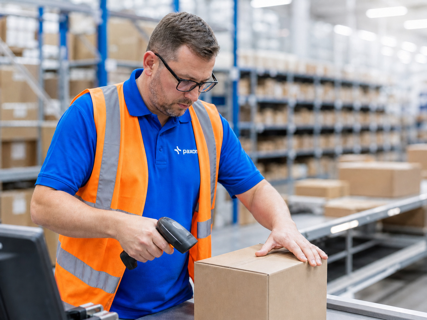 A man in a blue shirt and orange vest scans a package on a conveyor belt in a warehouse.
