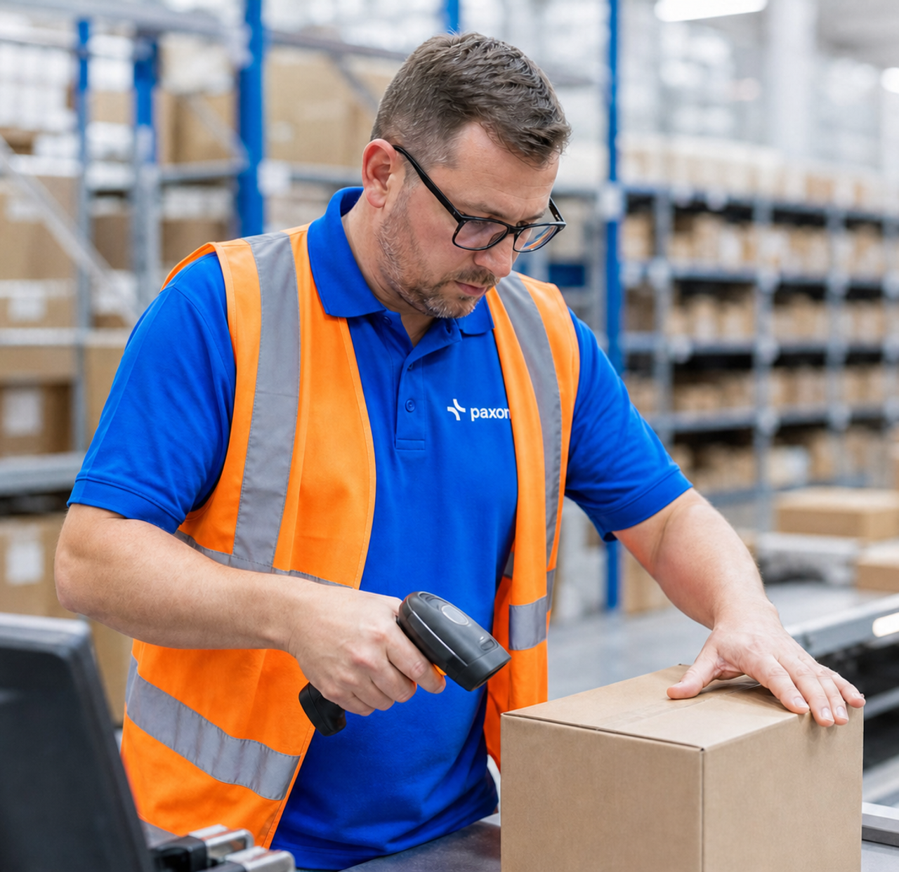 A man in a blue Paxon shirt and orange safety vest scans a package in a warehouse.