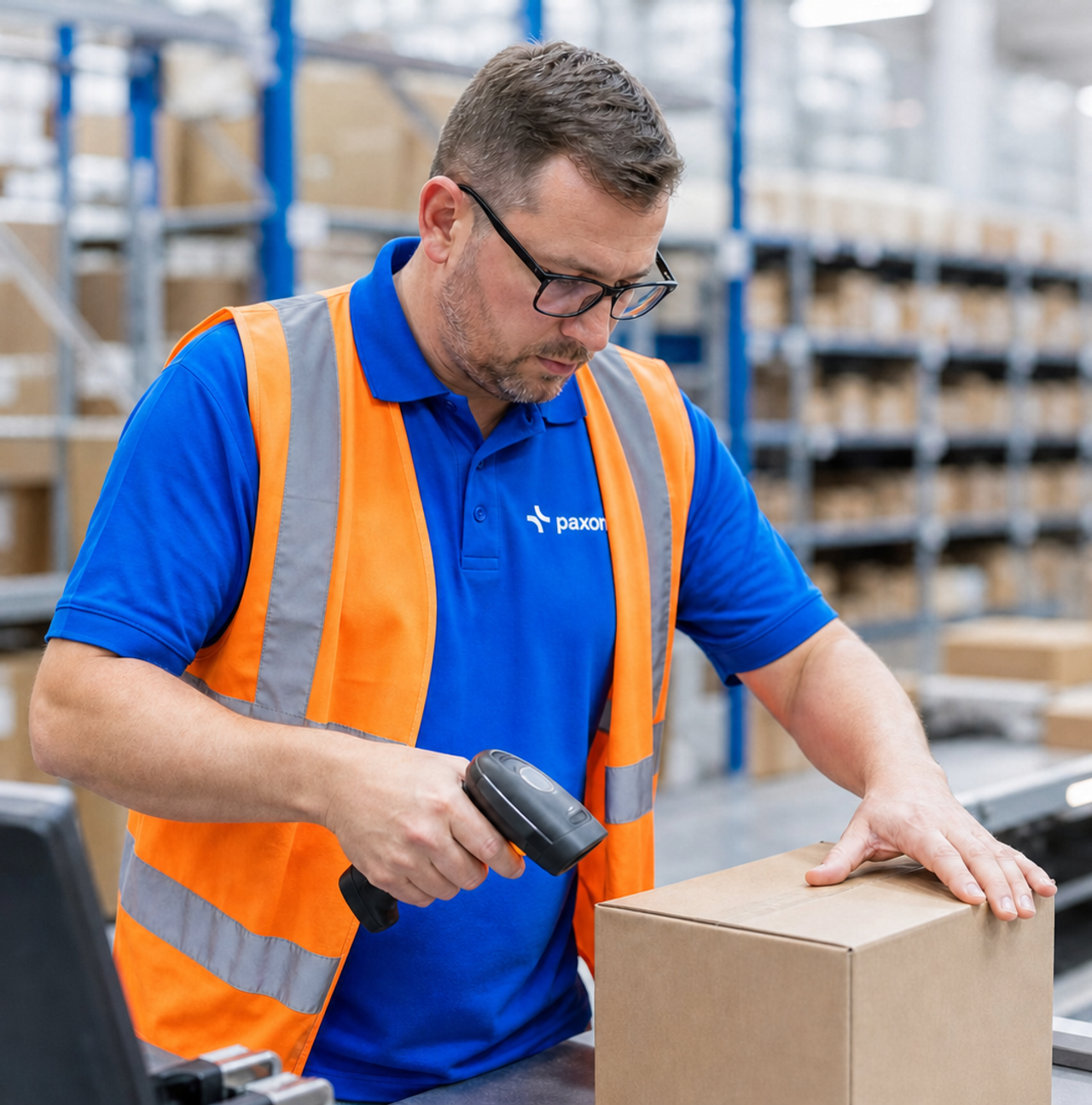 A man in a blue shirt and orange vest scans a package on a conveyor belt in a warehouse.