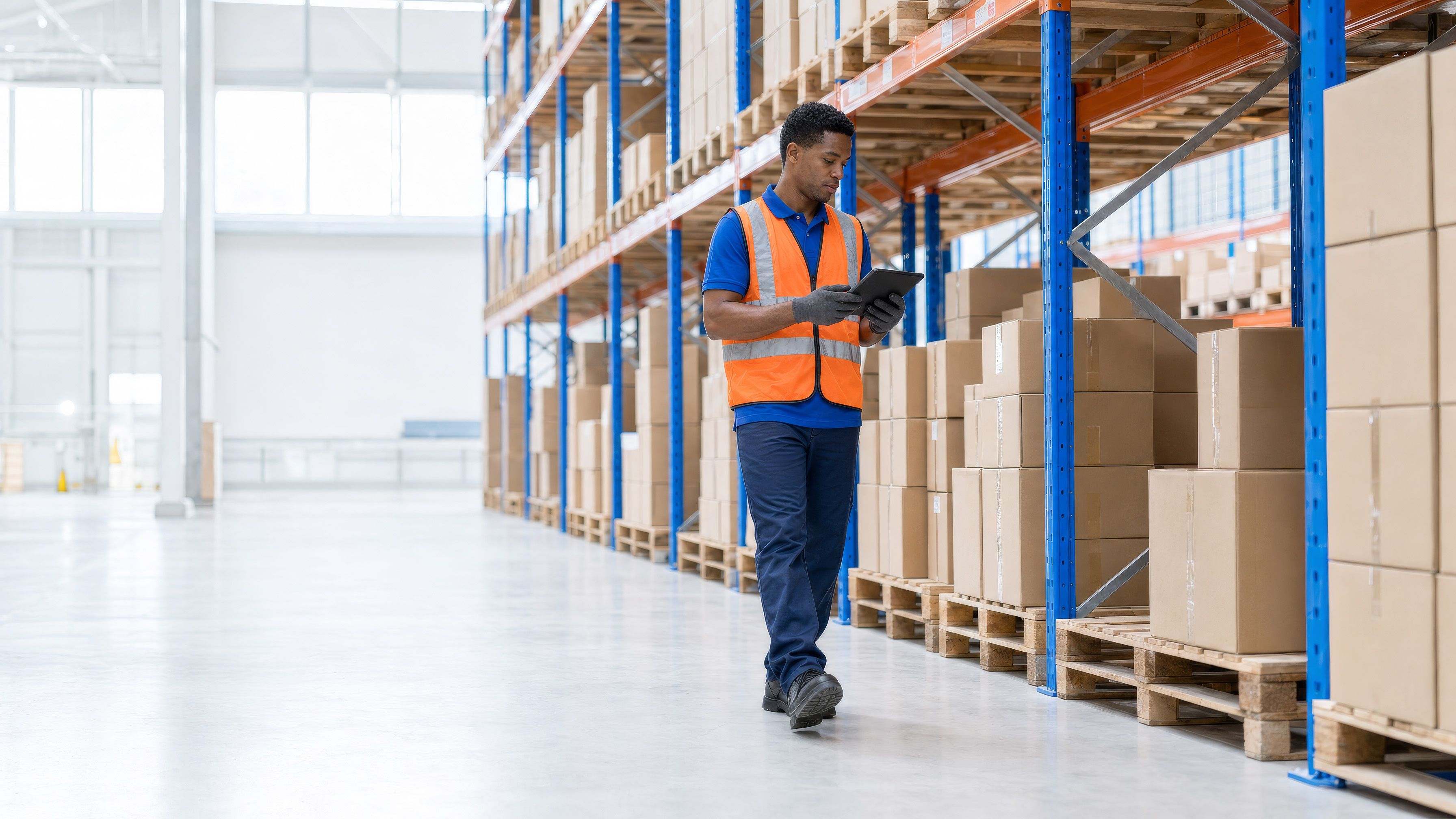 A worker in an orange safety vest walks through a warehouse, checking a tablet next to shelves packed with cardboard boxes.