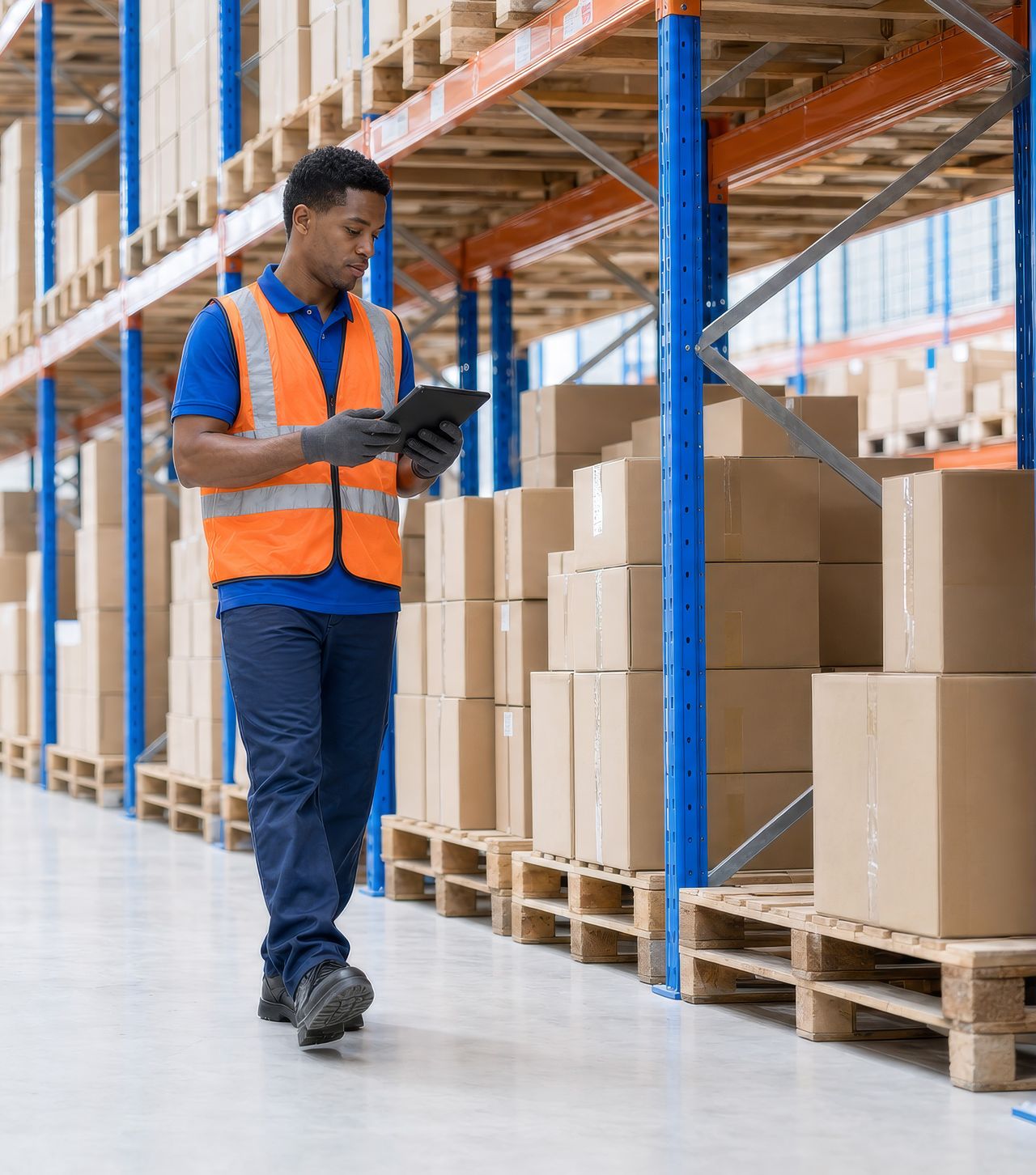 A worker in an orange safety vest walks through a warehouse, checking a tablet next to shelves packed with cardboard boxes.