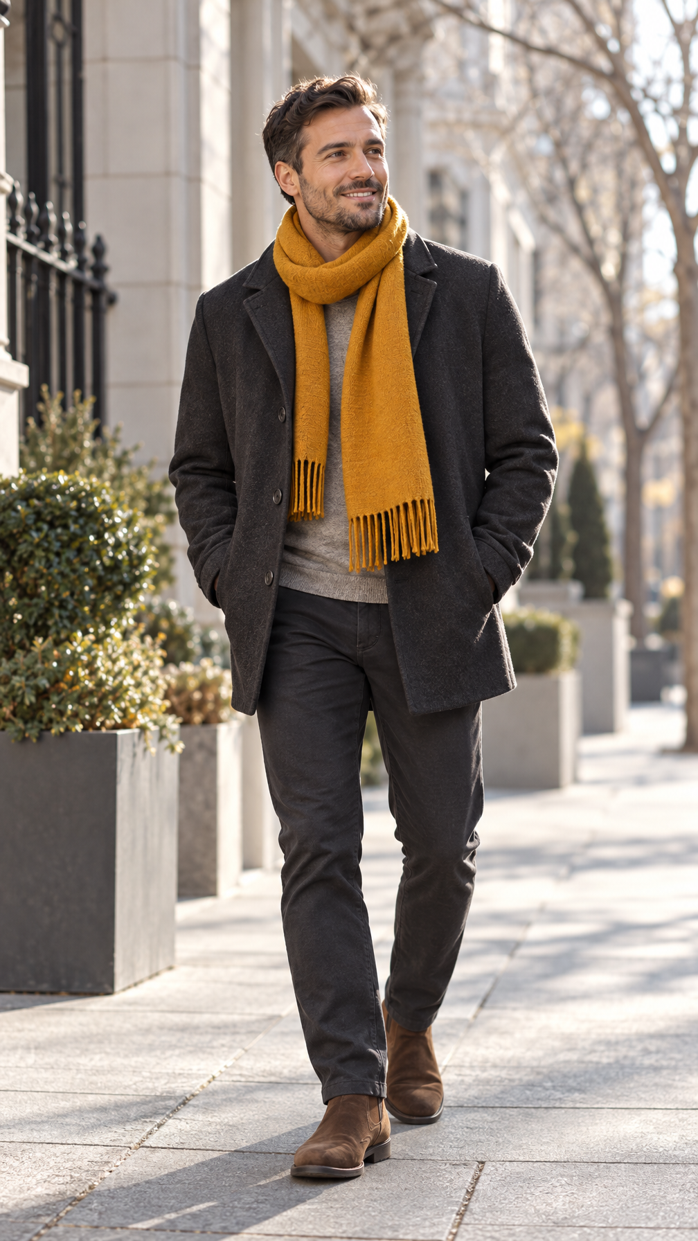 A smiling man walks on a sunny sidewalk wearing a dark grey coat, mustard yellow scarf, and brown boots.