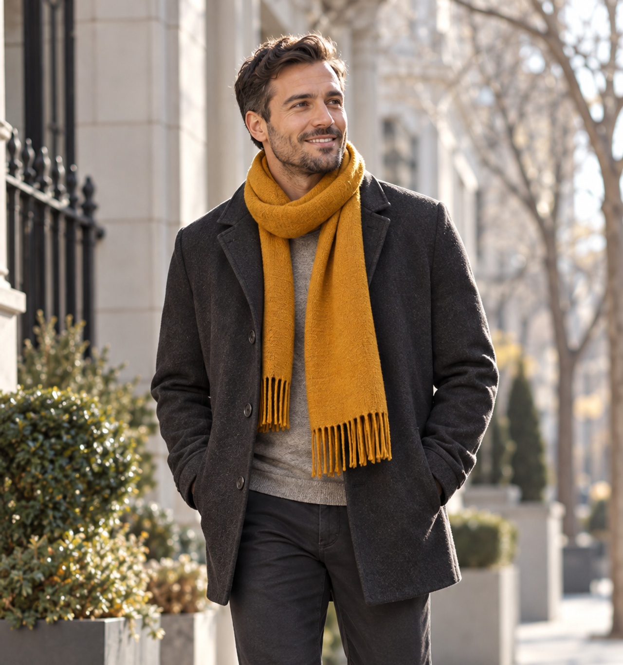 A smiling man walks on a sunny sidewalk wearing a dark grey coat, mustard yellow scarf, and brown boots.