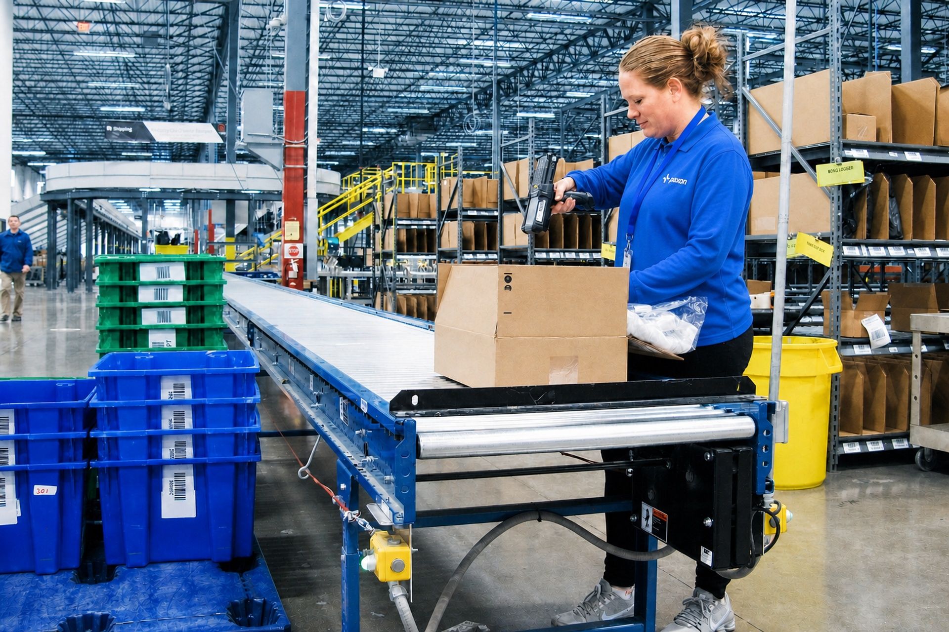 Une femme en chemise bleue scanne un carton sur un convoyeur dans un entrepôt.