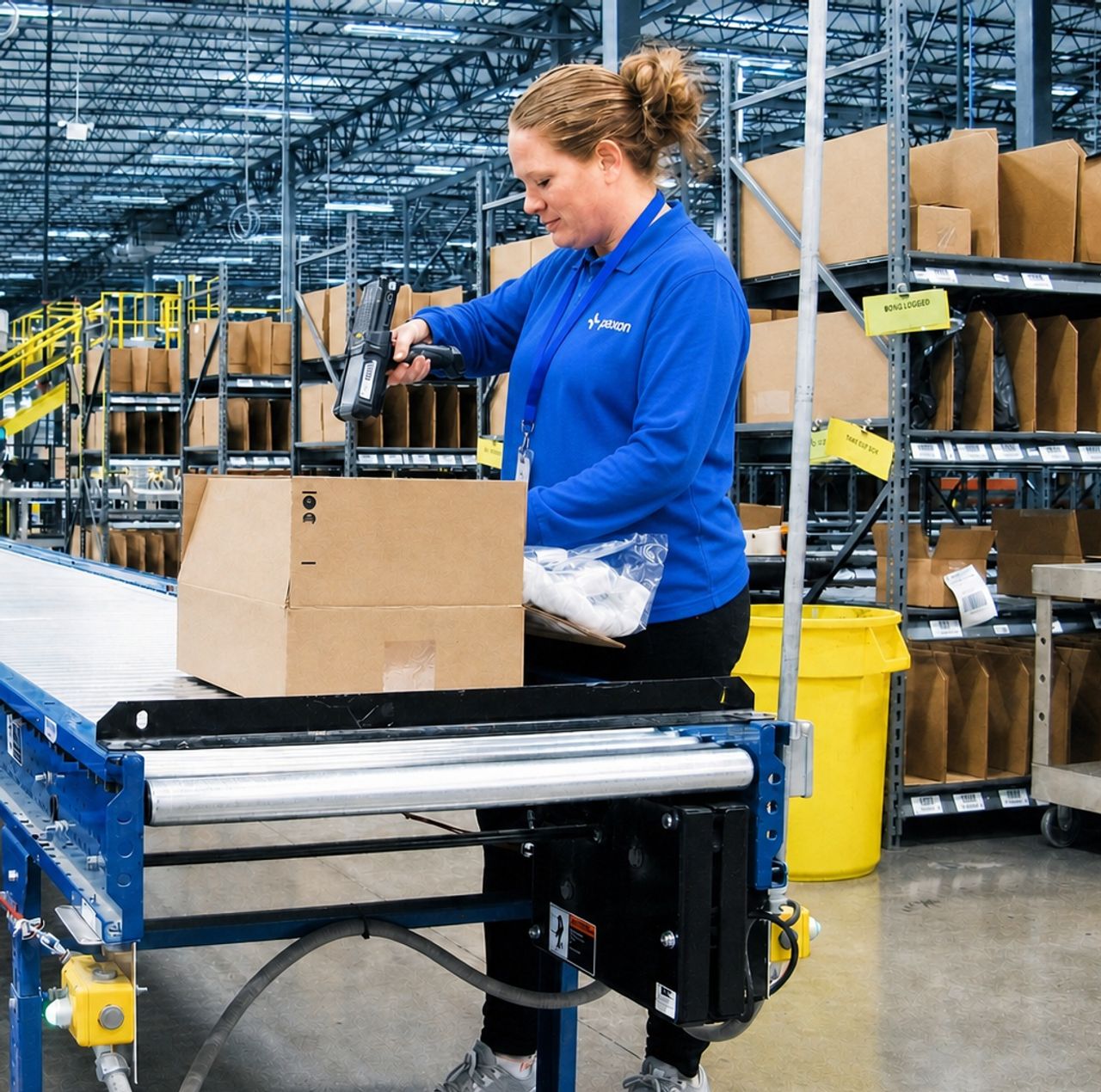 A woman in a blue shirt scans a cardboard box on a conveyor belt in a warehouse.
