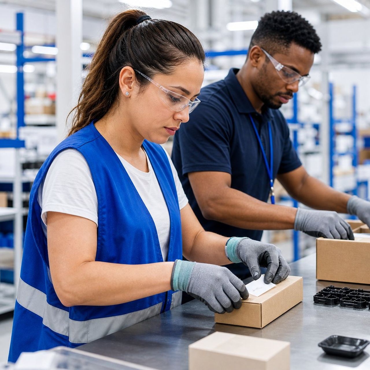 Two workers in safety gear packaging boxes in a warehouse.