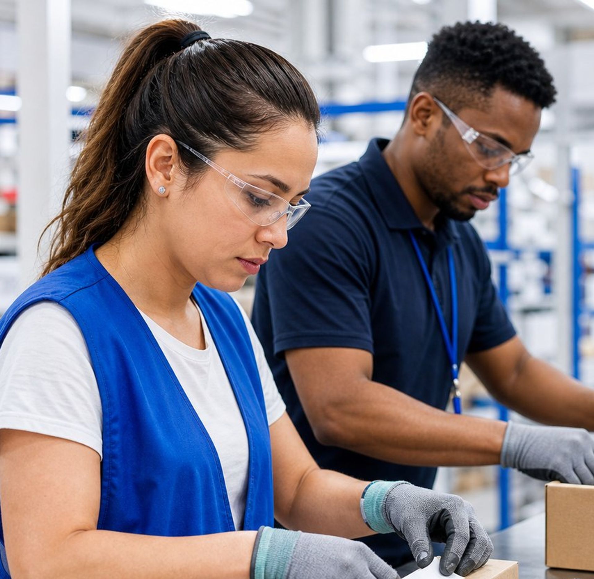 Two warehouse workers in safety gear packaging boxes.