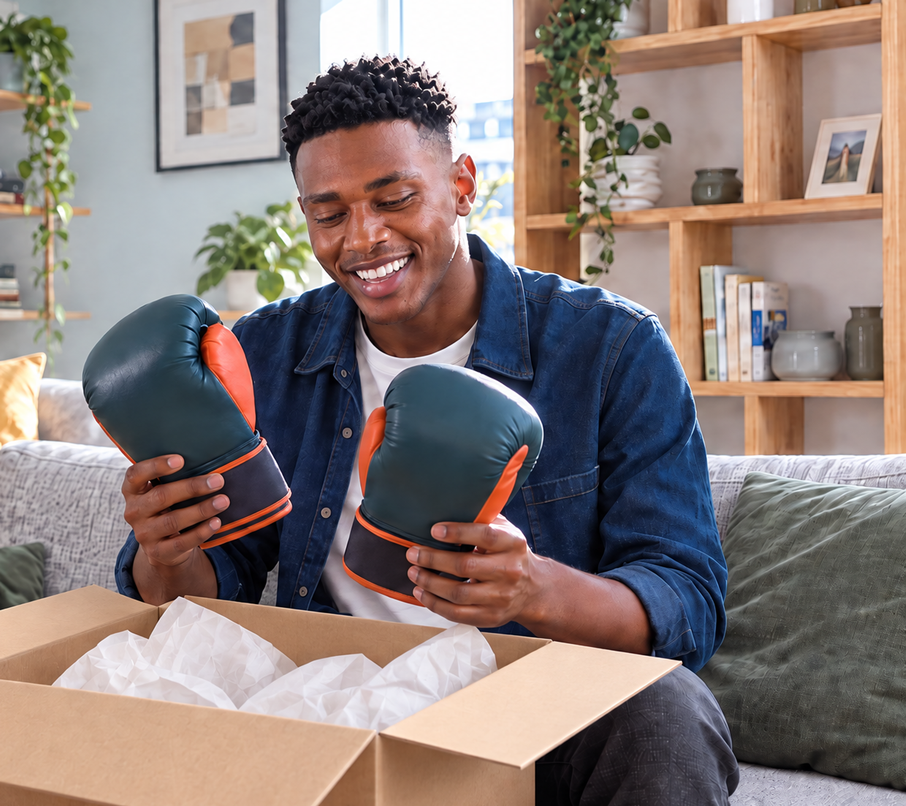 A smiling man unpacks a box, holding up a new pair of boxing gloves.