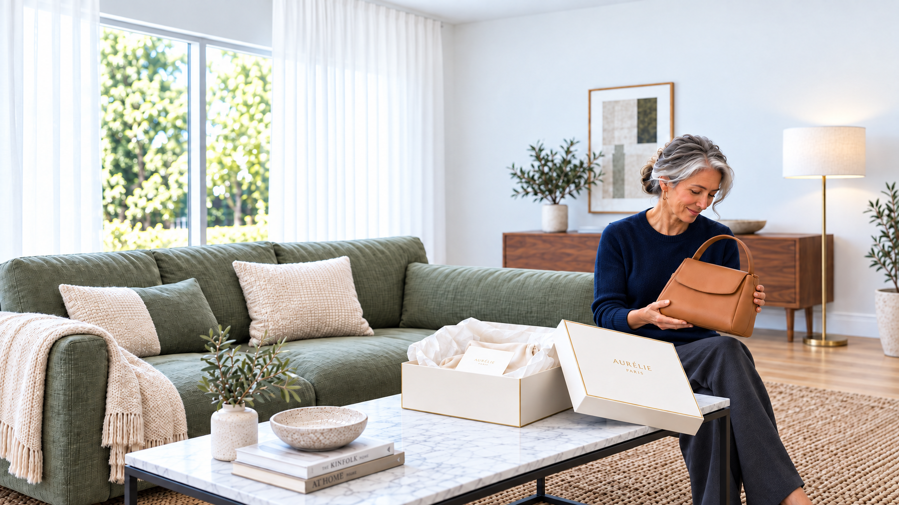 A smiling woman admires a new brown leather handbag unboxed from an Aurélie Paris gift box.