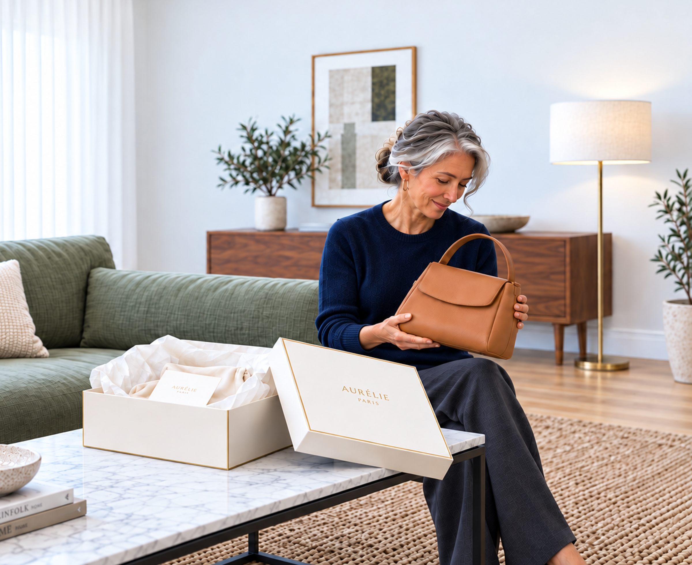 A smiling woman admires a new brown leather handbag unboxed from an Aurélie Paris gift box.