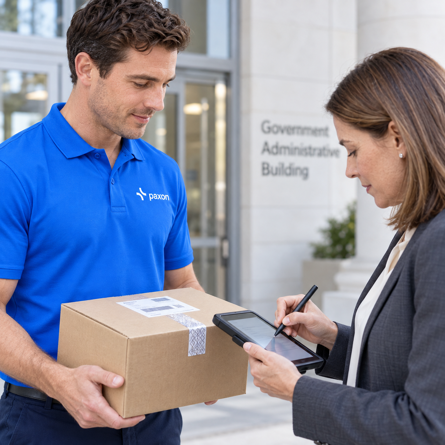 A Paxon delivery man holds a package while a woman signs for it on a tablet outside a Government Administrative Building.
