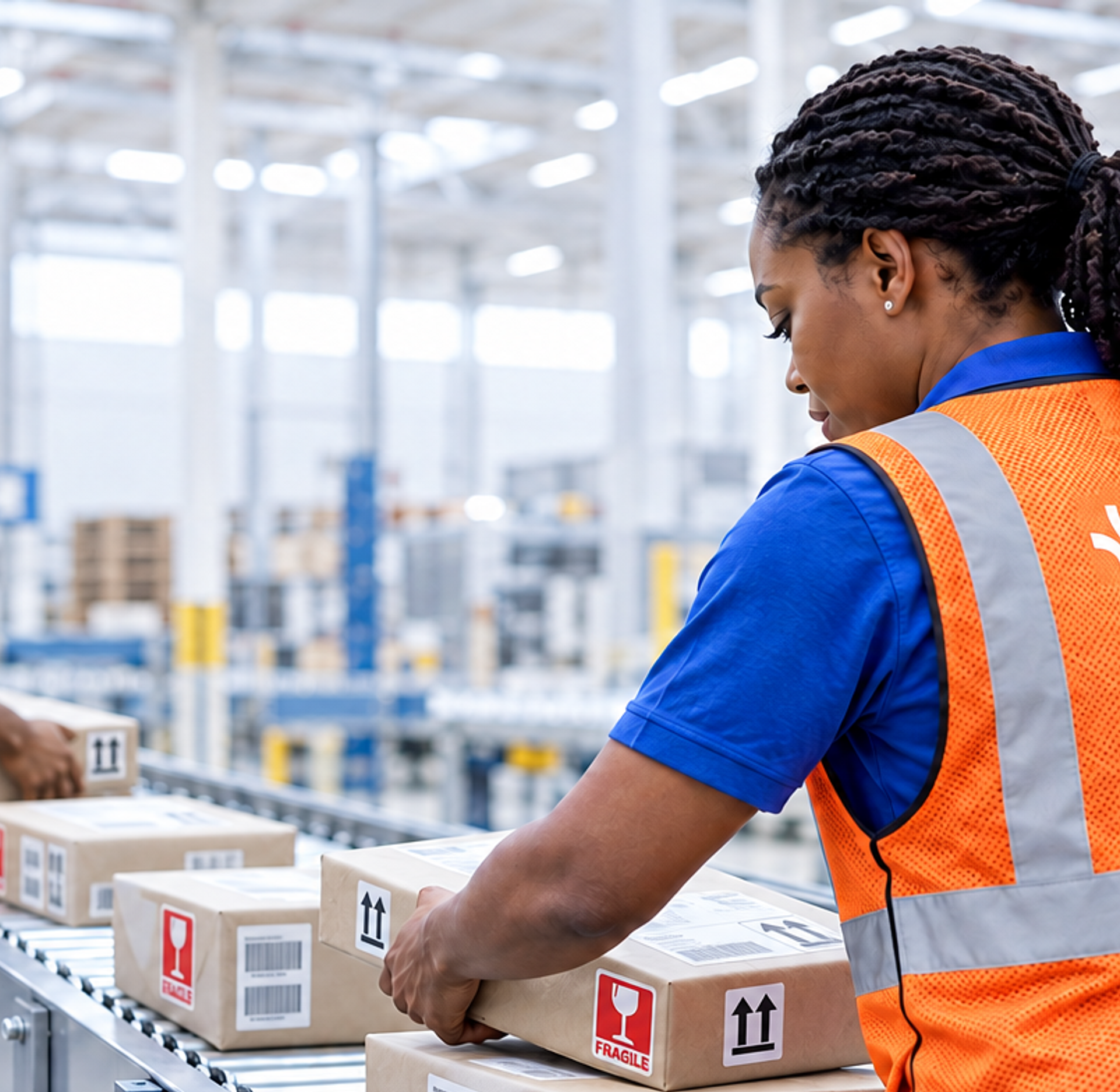 Two Paxon workers in orange vests handle boxes on a conveyor belt in a warehouse.