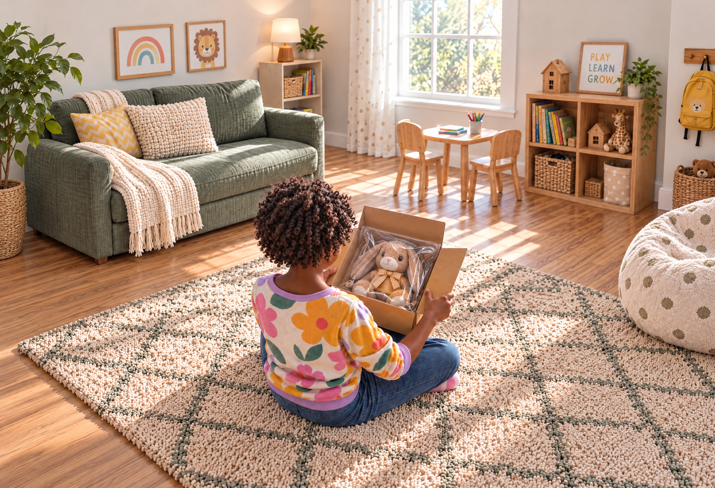 A child opens a package to reveal a plush brown bunny toy in a sunny playroom.