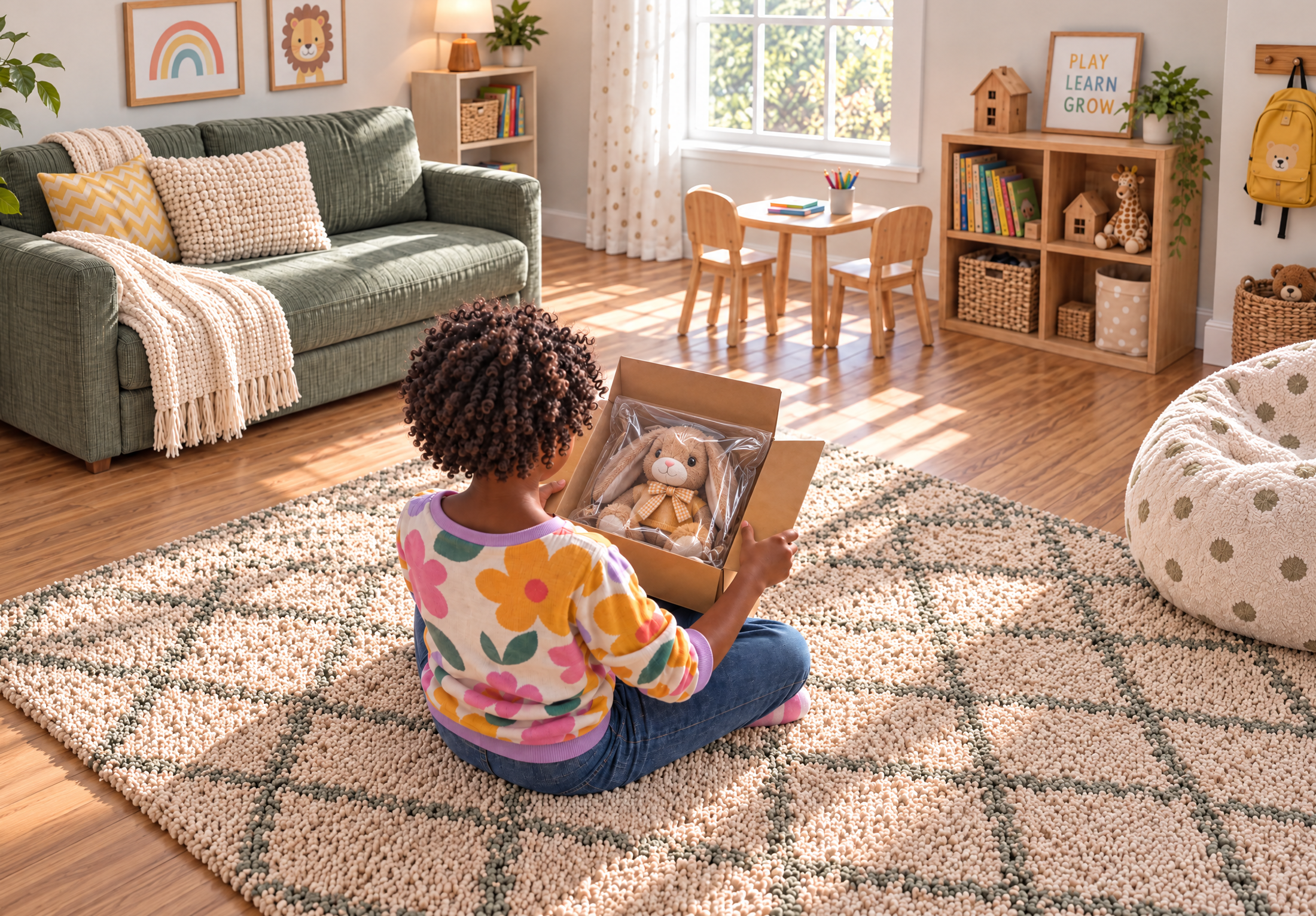 A child opens a package to reveal a plush brown bunny toy in a sunny playroom.