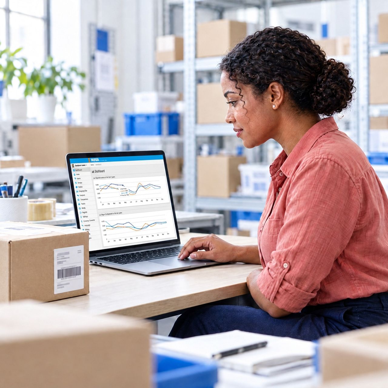 A woman reviews logistics data on a laptop at a desk in a warehouse.