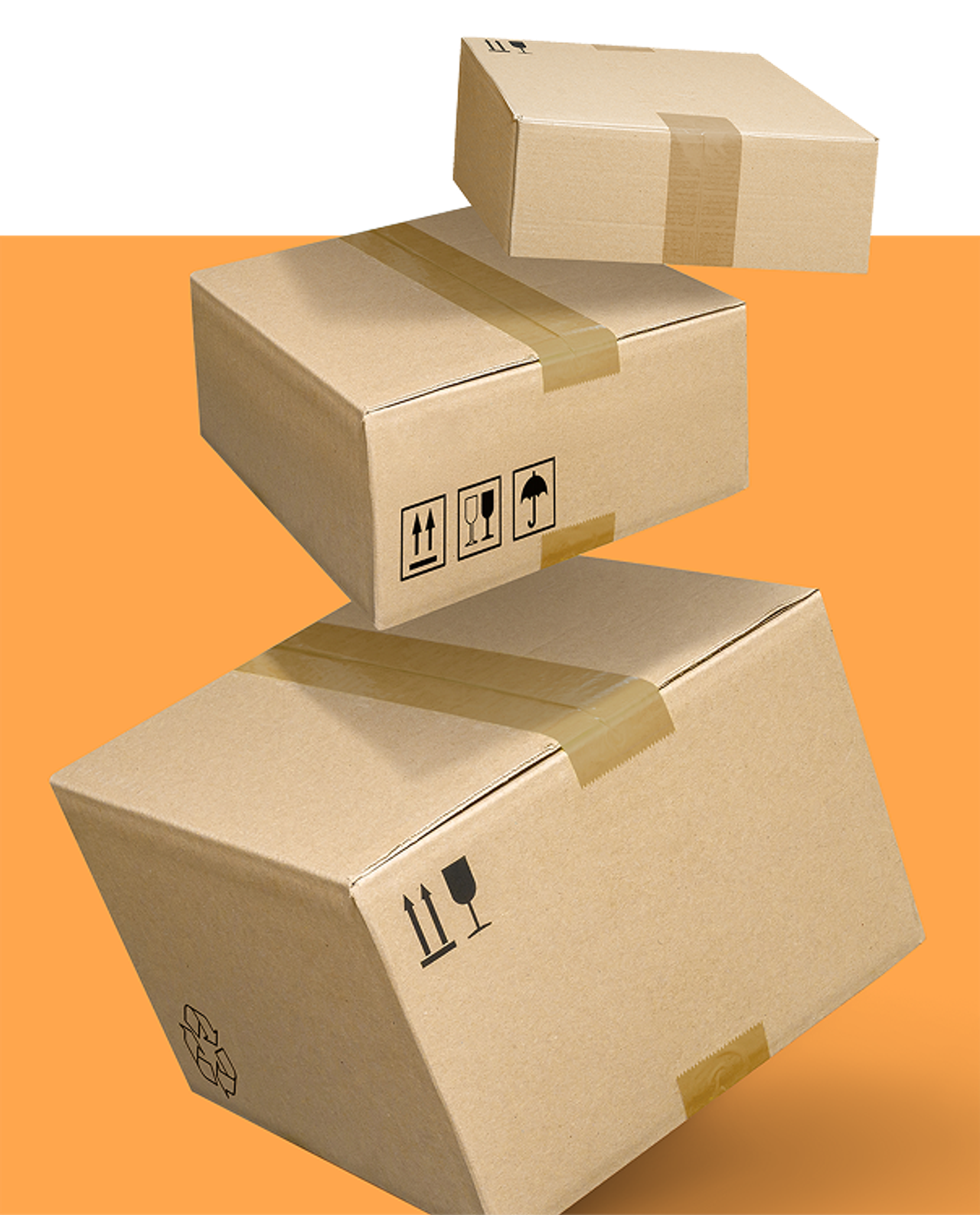 Three cardboard shipping boxes with tape and symbols against an orange and white background.