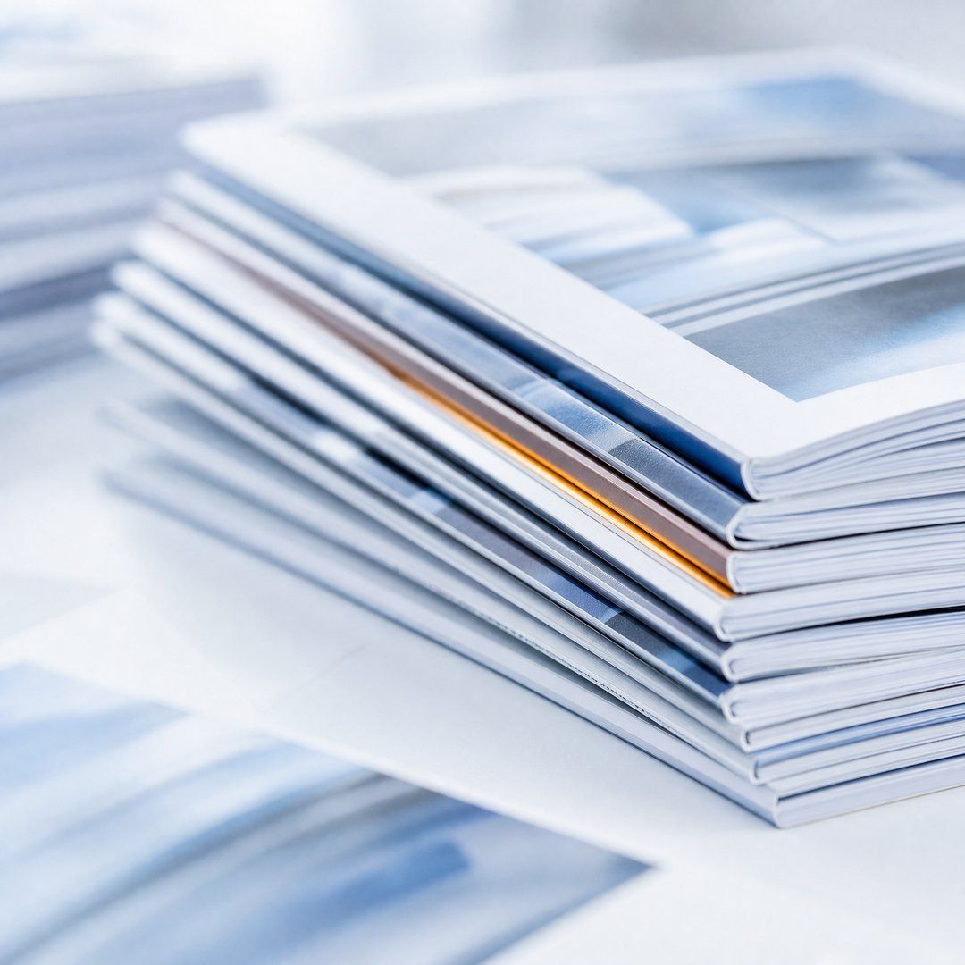 Stack of white-covered magazines with blue tones, one having an orange spine.