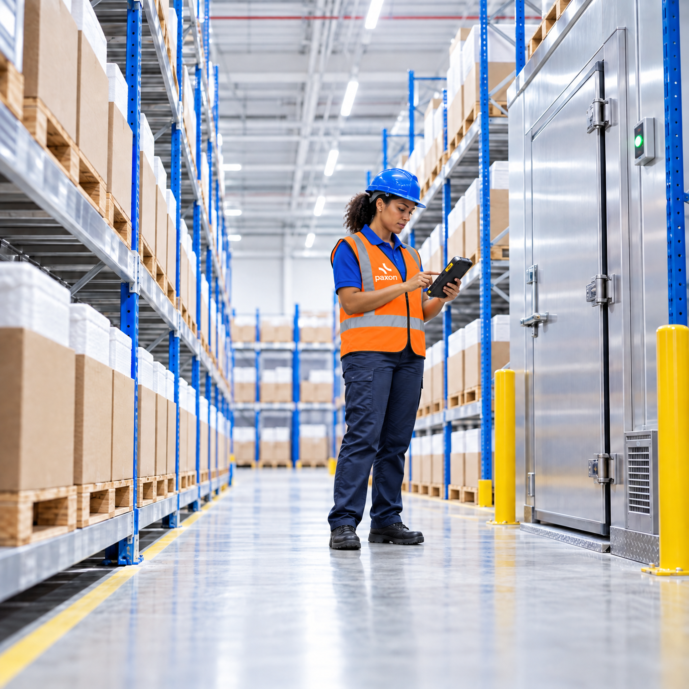 A worker in a hard hat and safety vest uses a tablet in a warehouse with shelves of boxes and a large cold storage unit.