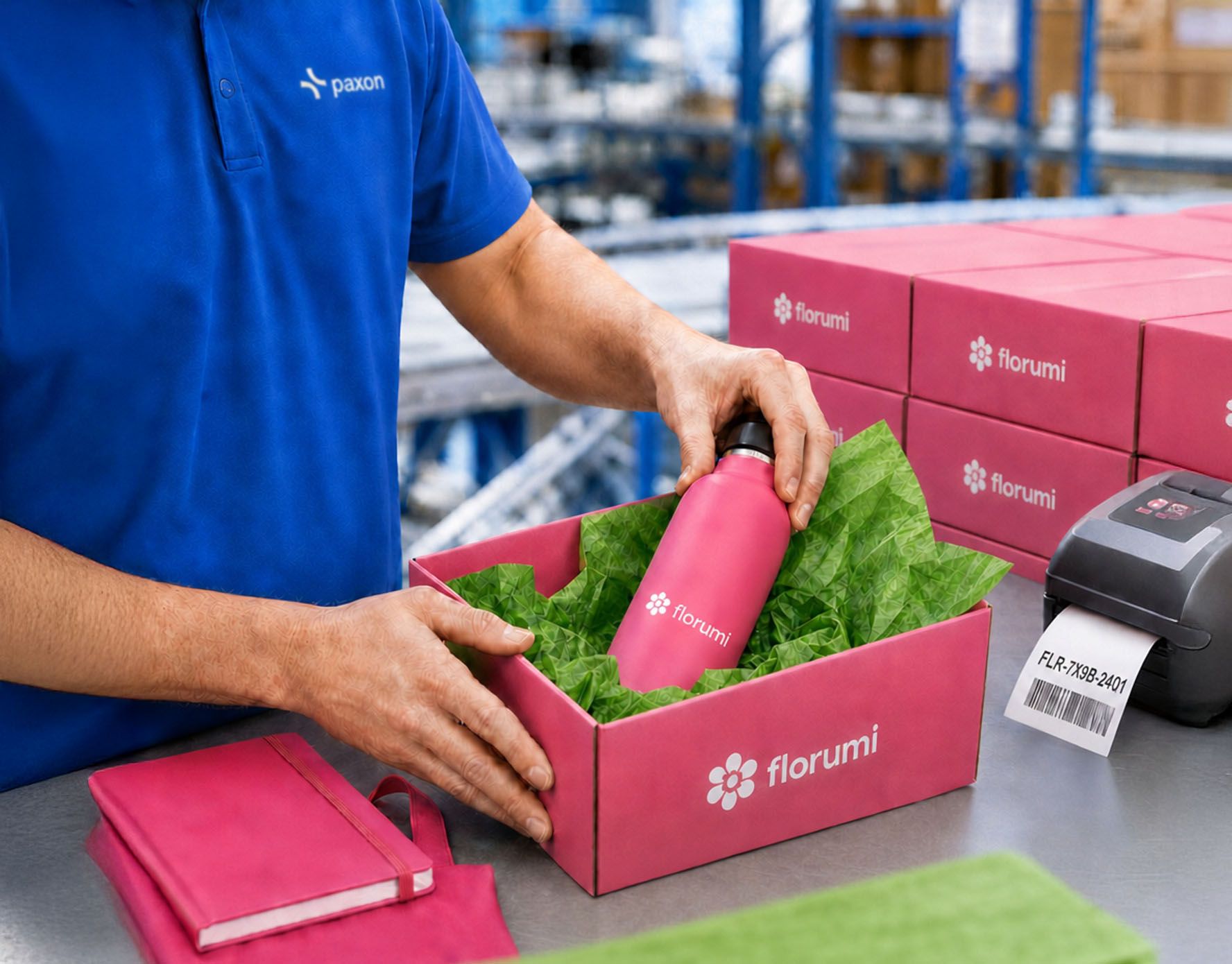 A Paxon worker packs a pink Florumi water bottle into a branded box in a warehouse setting.