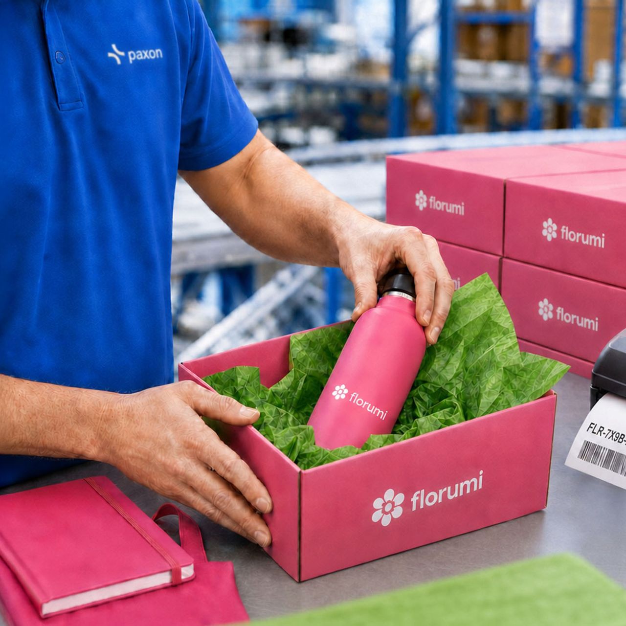 A Paxon worker packs a pink Florumi water bottle into a branded box in a warehouse setting.