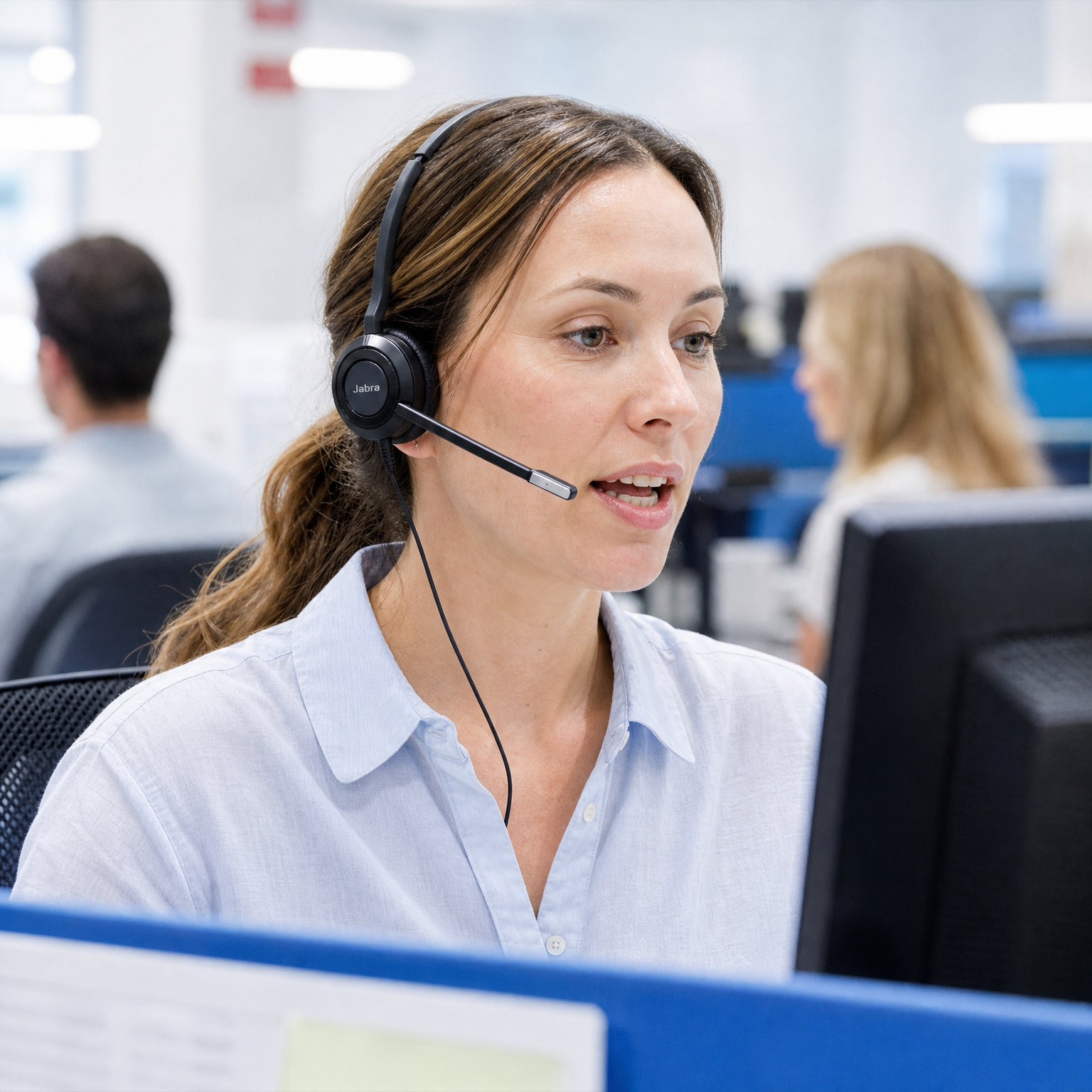 Une femme portant un casque avec micro parle à son bureau.