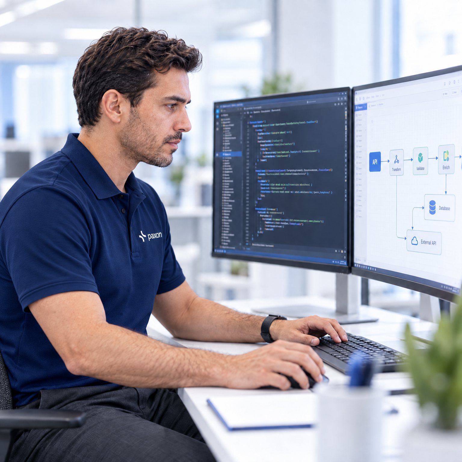 A man in a navy polo shirt intently works at a desk with two computer monitors, one showing code and the other a data flow diagram.