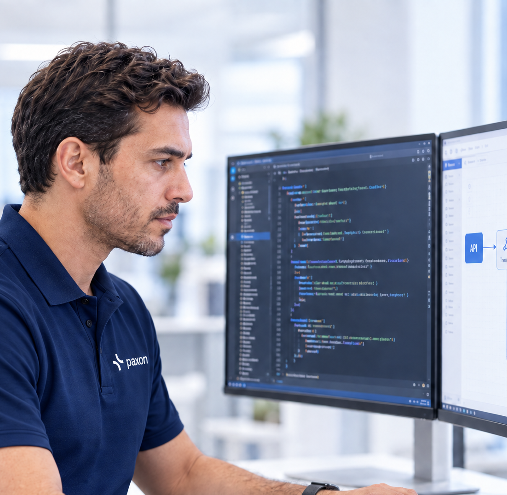 A man in a navy polo shirt intently works at a desk with two computer monitors, one showing code and the other a data flow diagram.