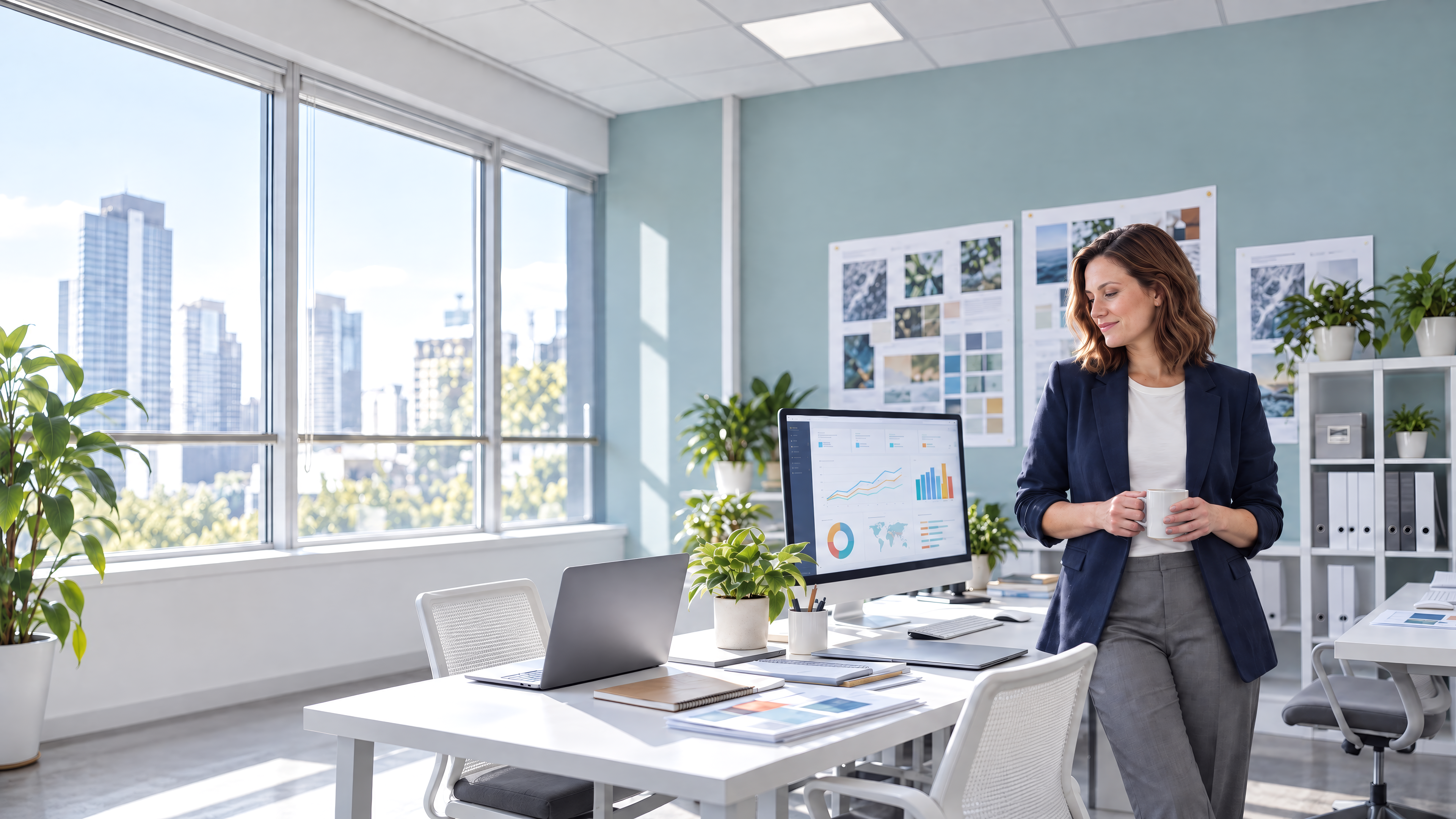 A woman in a bright office leans on a desk with a computer displaying charts, overlooking a city skyline.