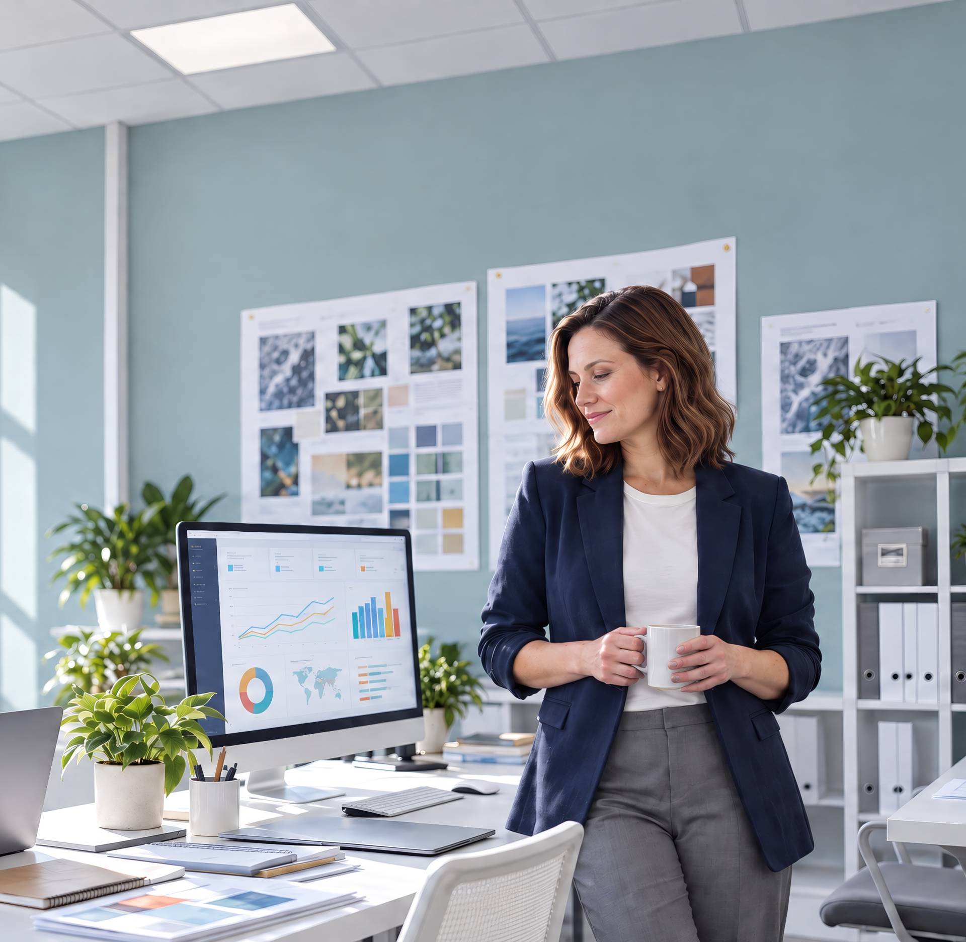 A woman in a bright office leans on a desk with a computer displaying charts, overlooking a city skyline.