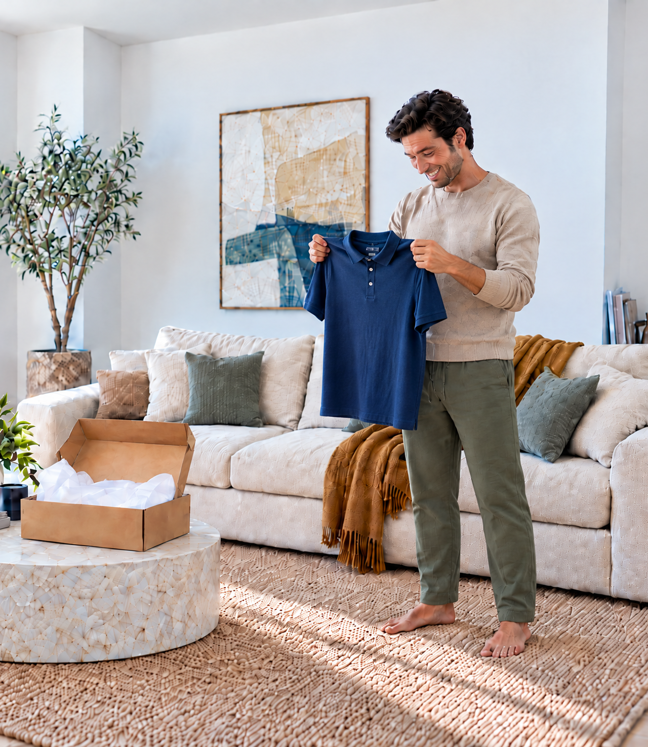 A smiling man holds up a newly unboxed navy blue polo shirt in a bright, modern living room.