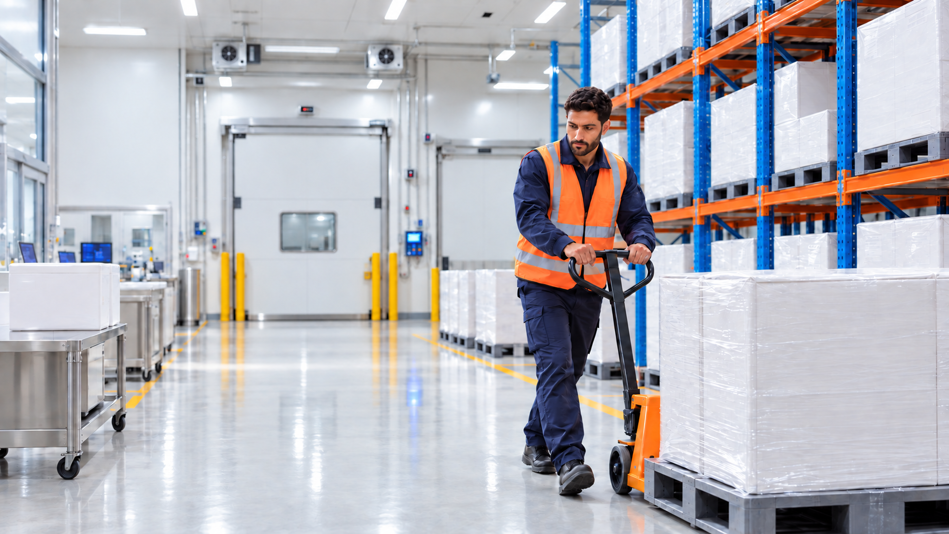 Un homme portant un gilet de sécurité orange pousse une palette de cartons emballés sous film rétractable dans un grand entrepôt.