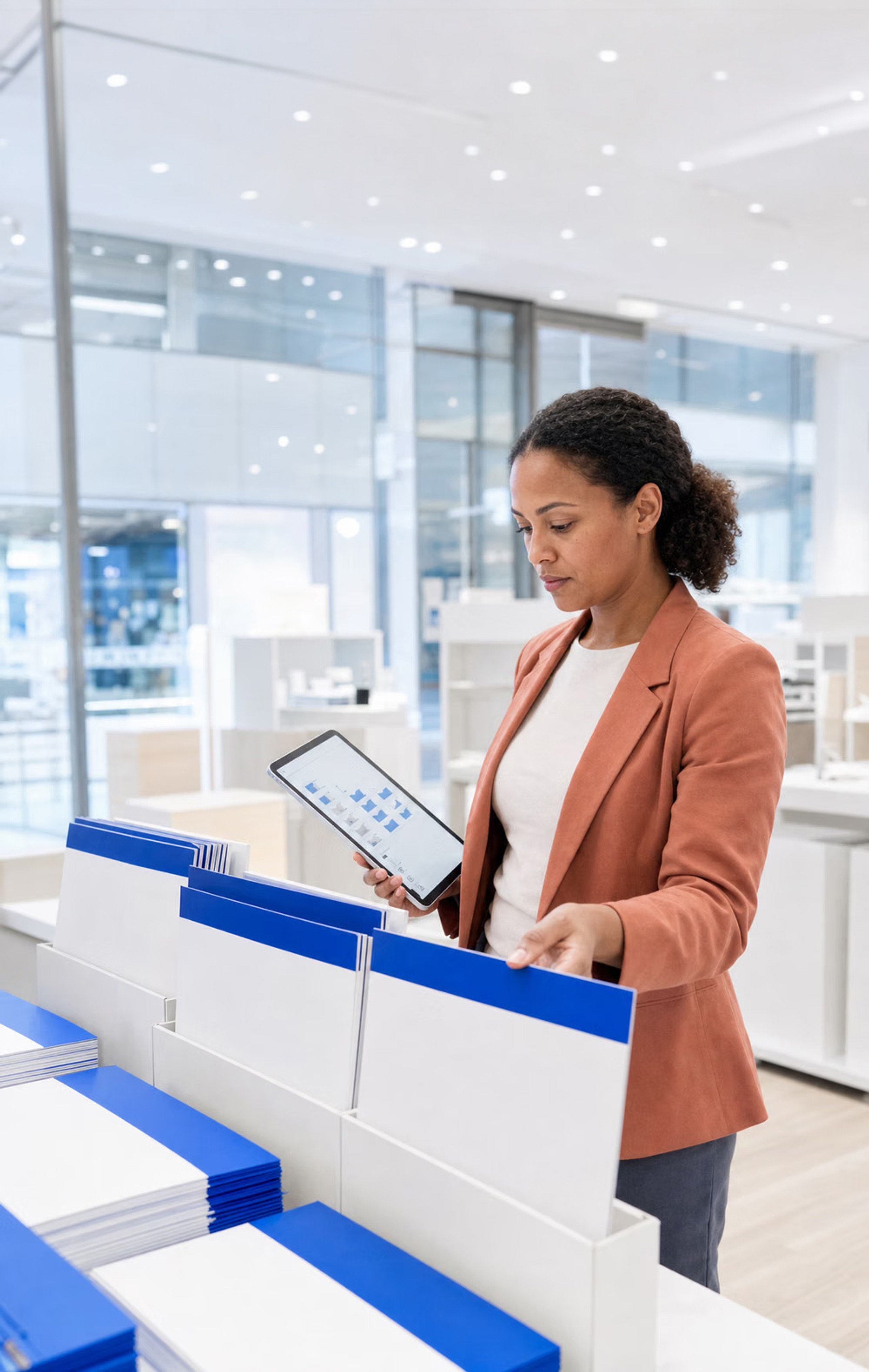 Een lachende jonge vrouw in een olijfgroene jurk staat in een modern kantoor met een pooltafel.