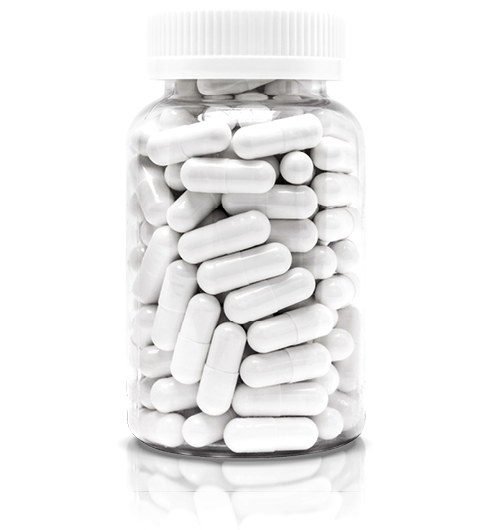 A clear bottle filled with white capsules, with a white cap.