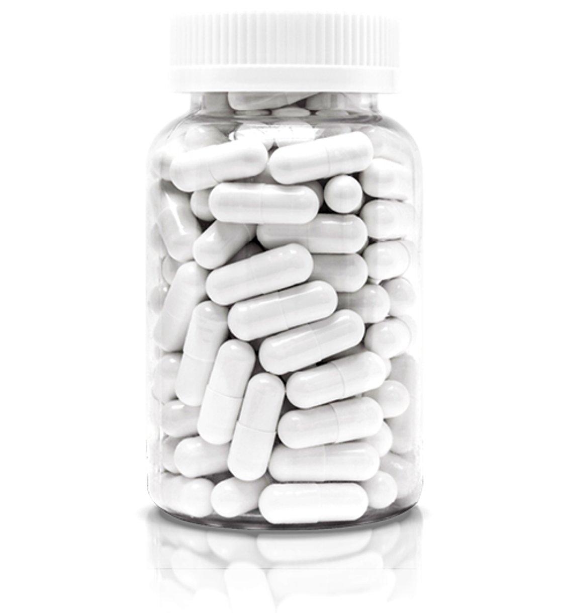 A clear bottle filled with white capsules, topped with a white cap.