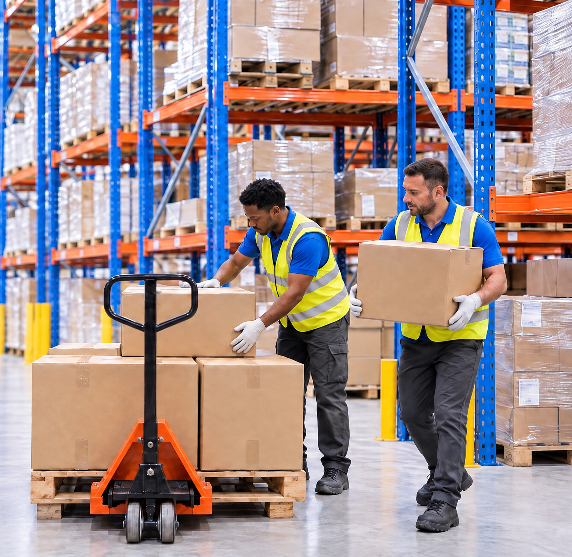 A man in a blue Paxon polo shirt and yellow vest uses a tablet in a warehouse with stacked shelves.