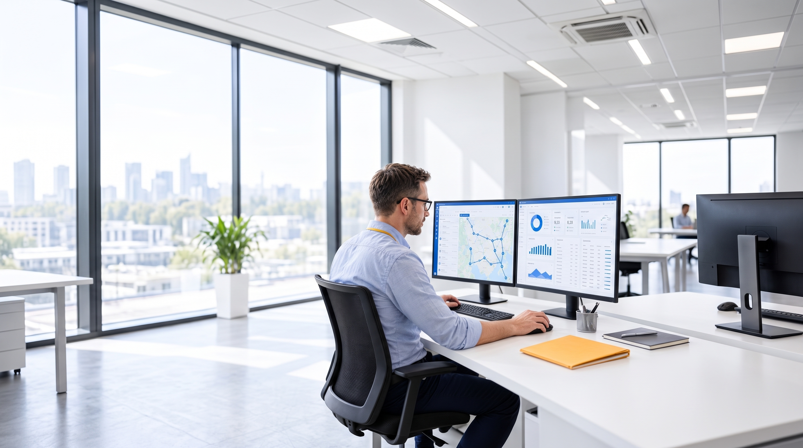 Een man met een headset werkt aan een bureau met twee computerschermen.