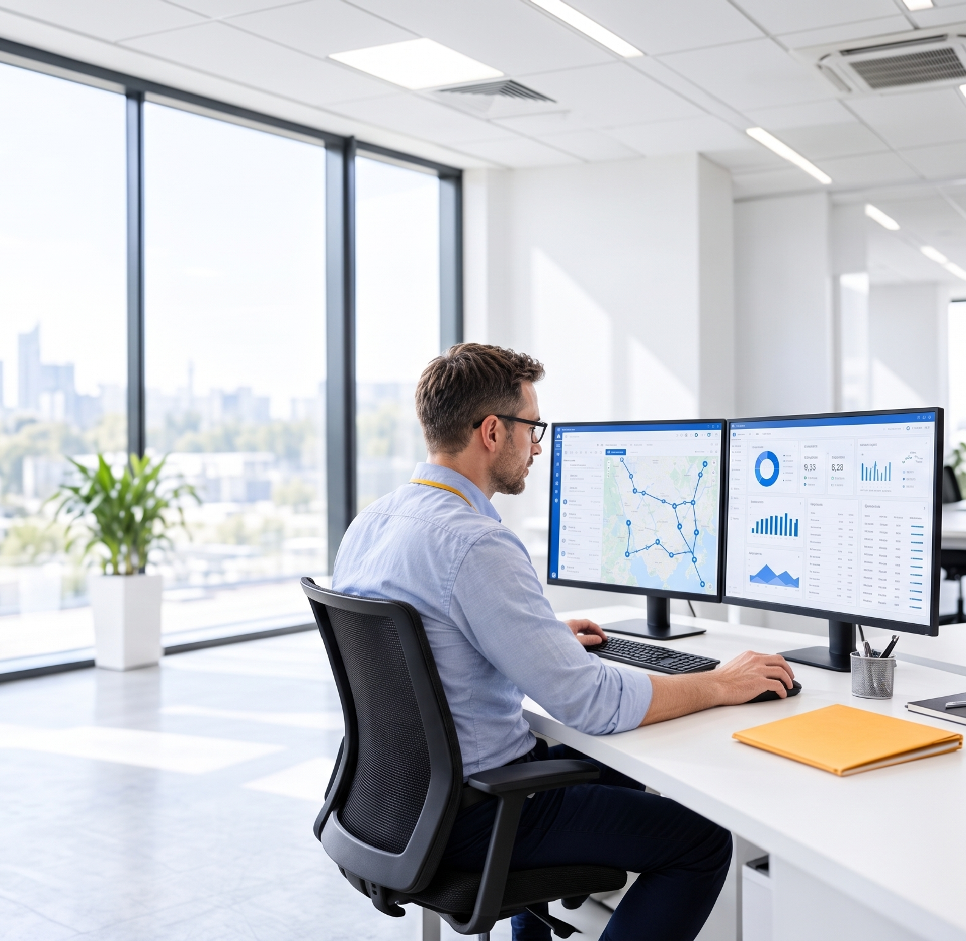 A man works on dual monitors displaying data in a modern office with a city view.