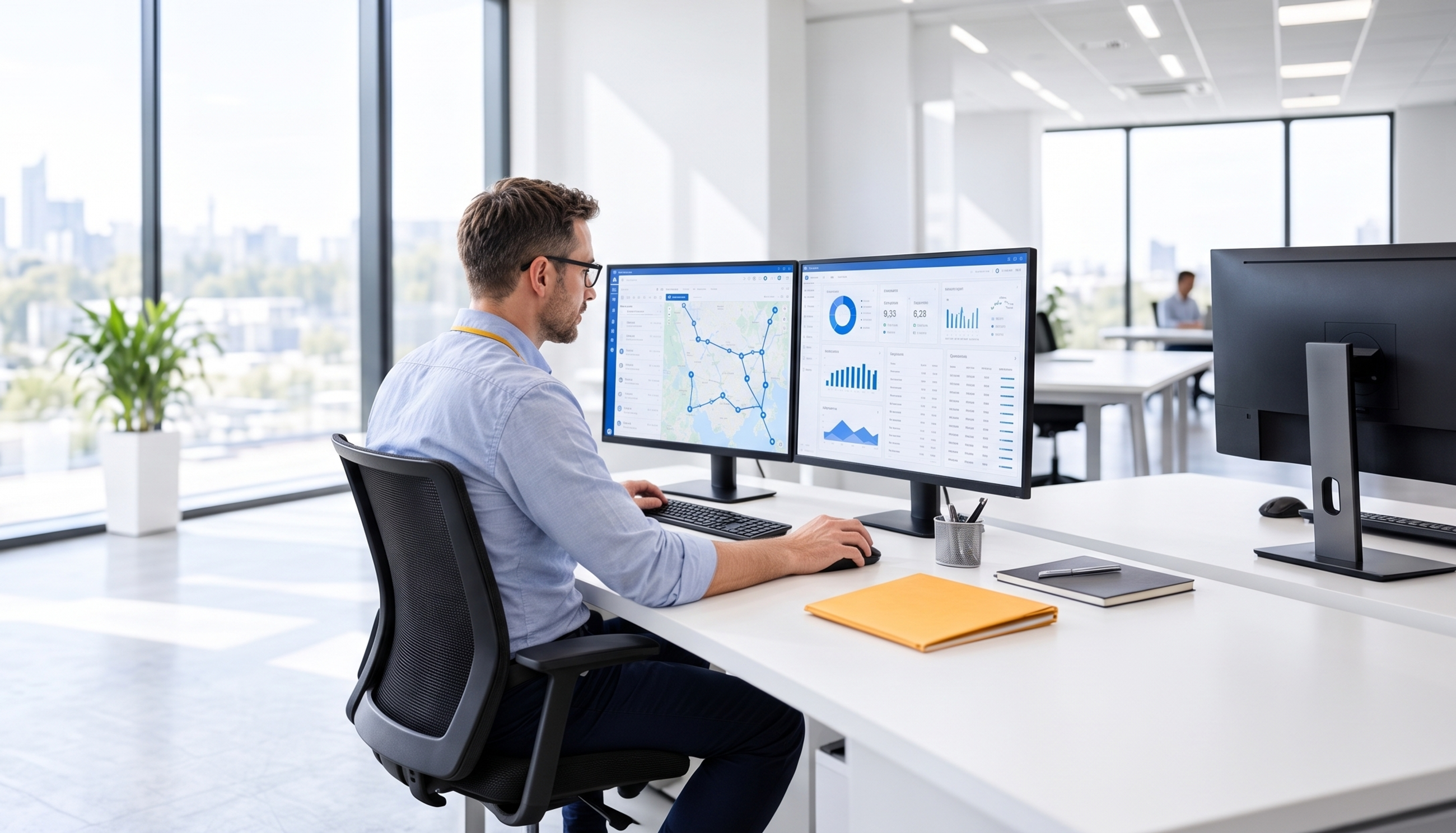A man works on dual monitors displaying charts in a modern office with a city skyline view.