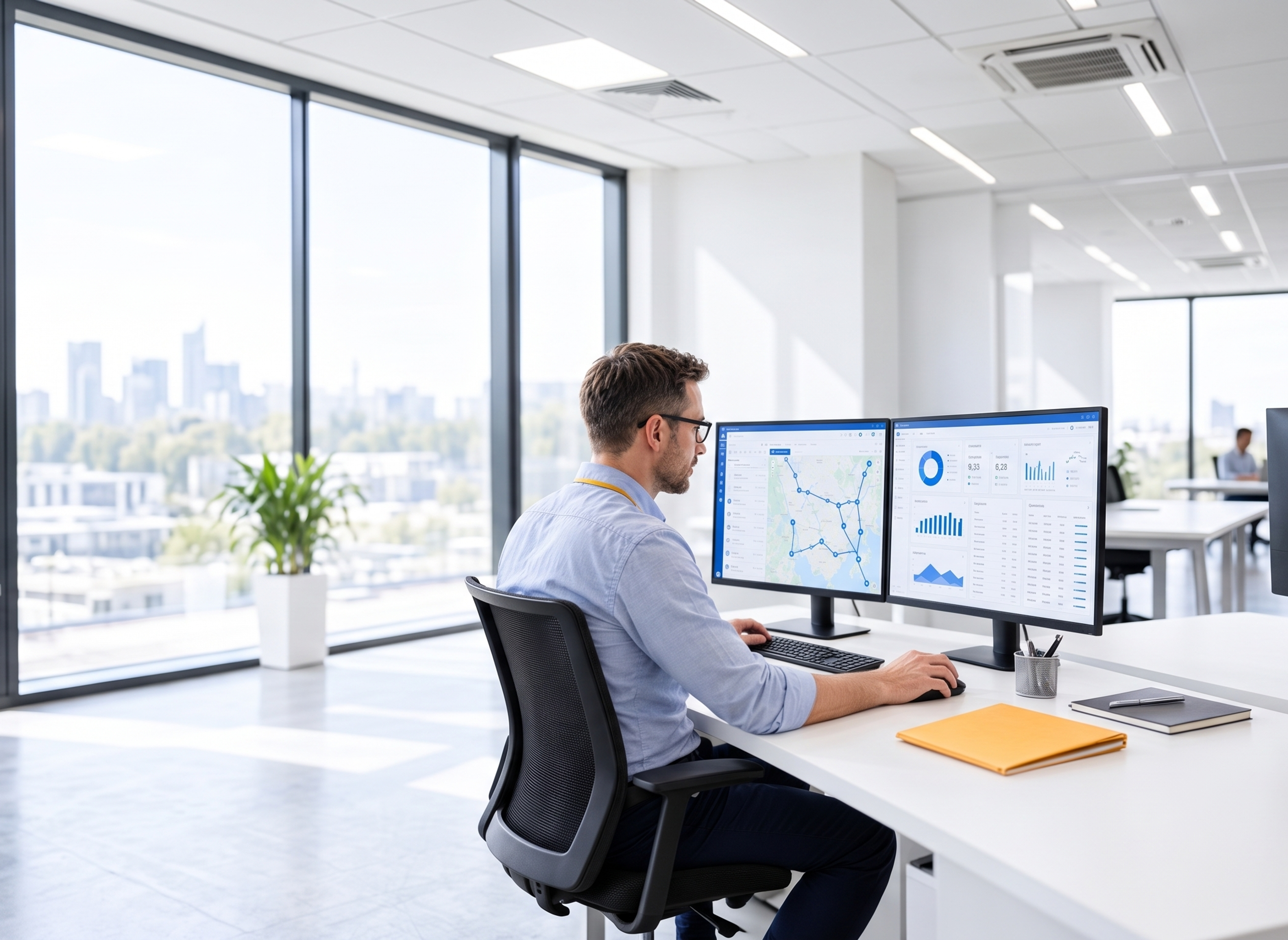 Een man met een headset werkt aan een bureau met twee computerschermen.