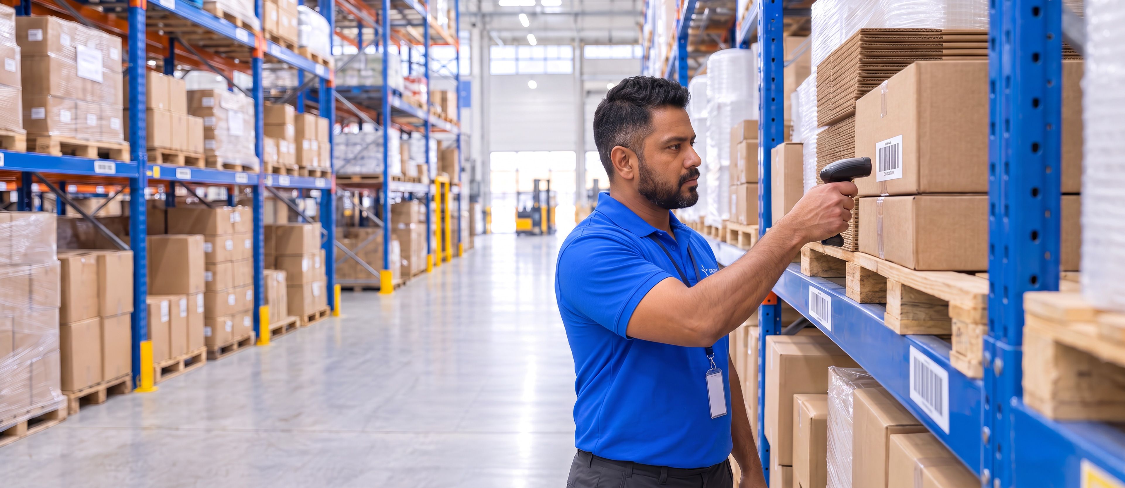 A man in a blue shirt scans a barcode on a box in a warehouse.